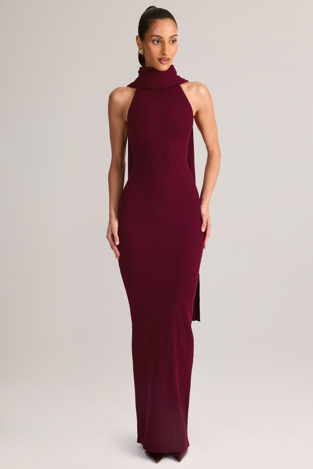 Knit Scarf-Detail Halterneck Maxi Dress in Wine
