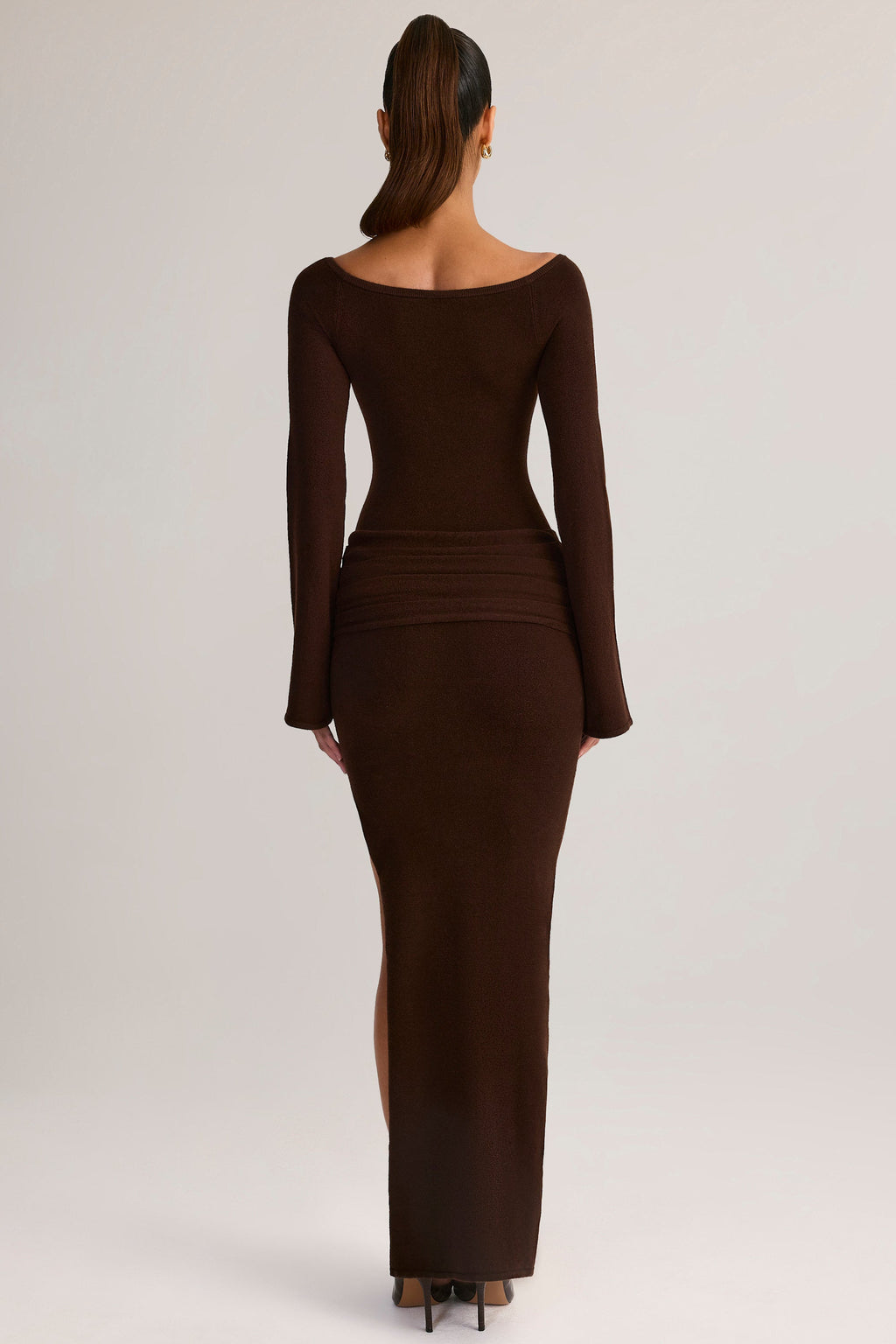 Knit Boat-Neck Long-Sleeve Maxi Dress in Chocolate Brown