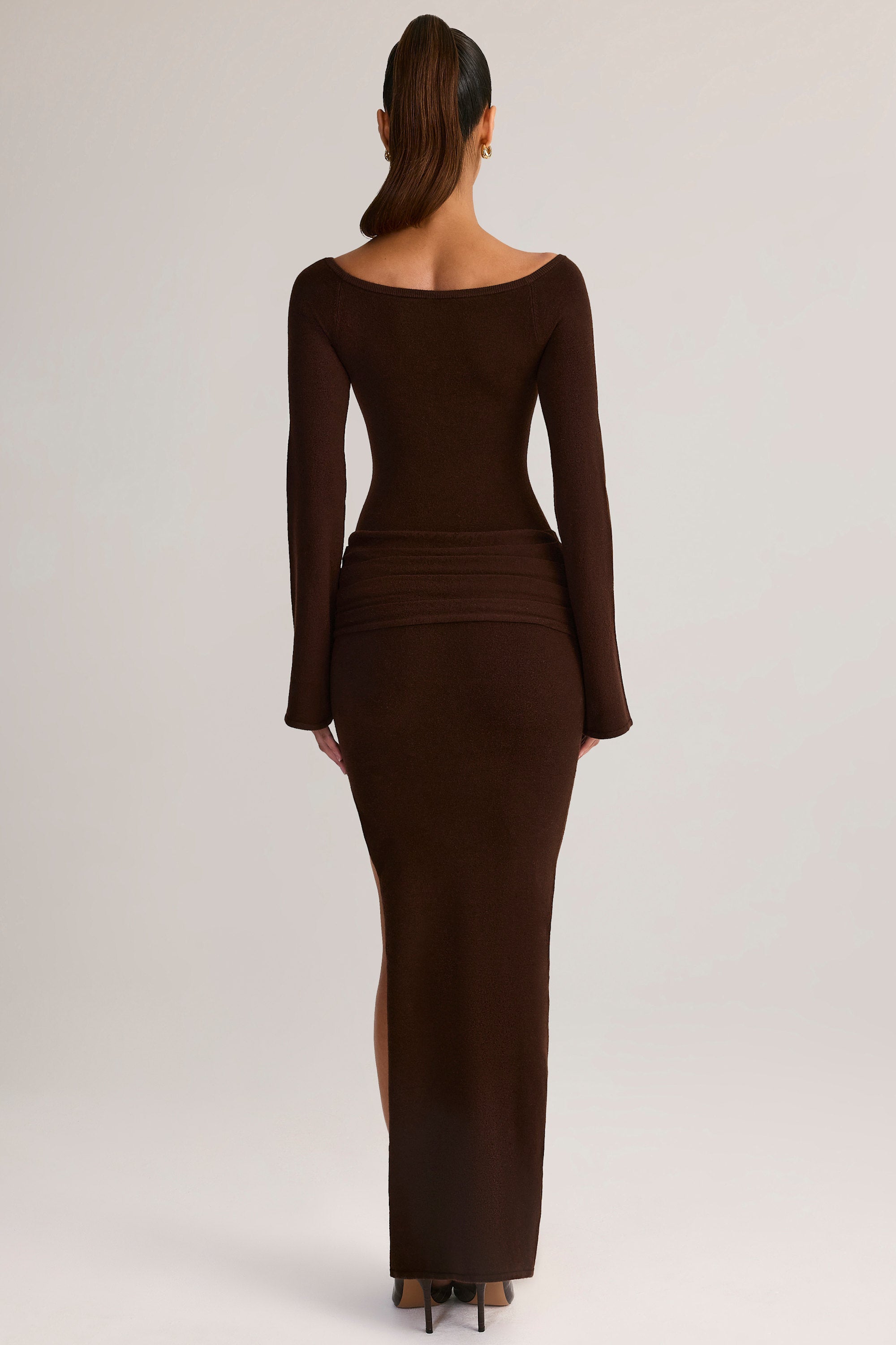 Knit Boat-Neck Long-Sleeve Maxi Dress in Chocolate Brown