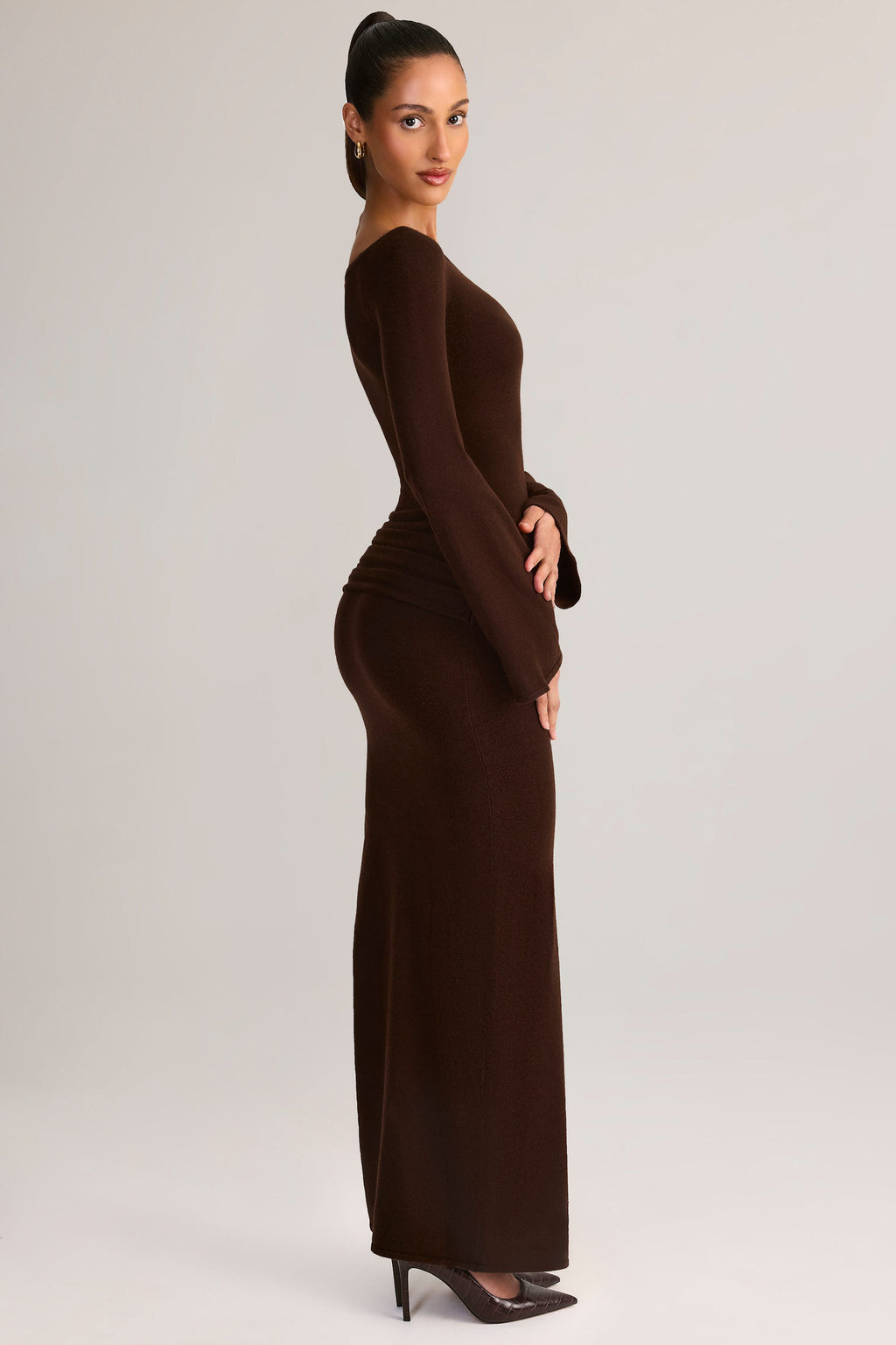 Knit Boat-Neck Long-Sleeve Maxi Dress in Chocolate Brown