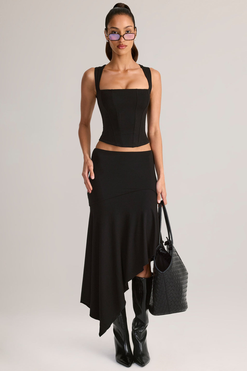 Modal Asymmetric Low-Rise Midaxi Skirt in Black