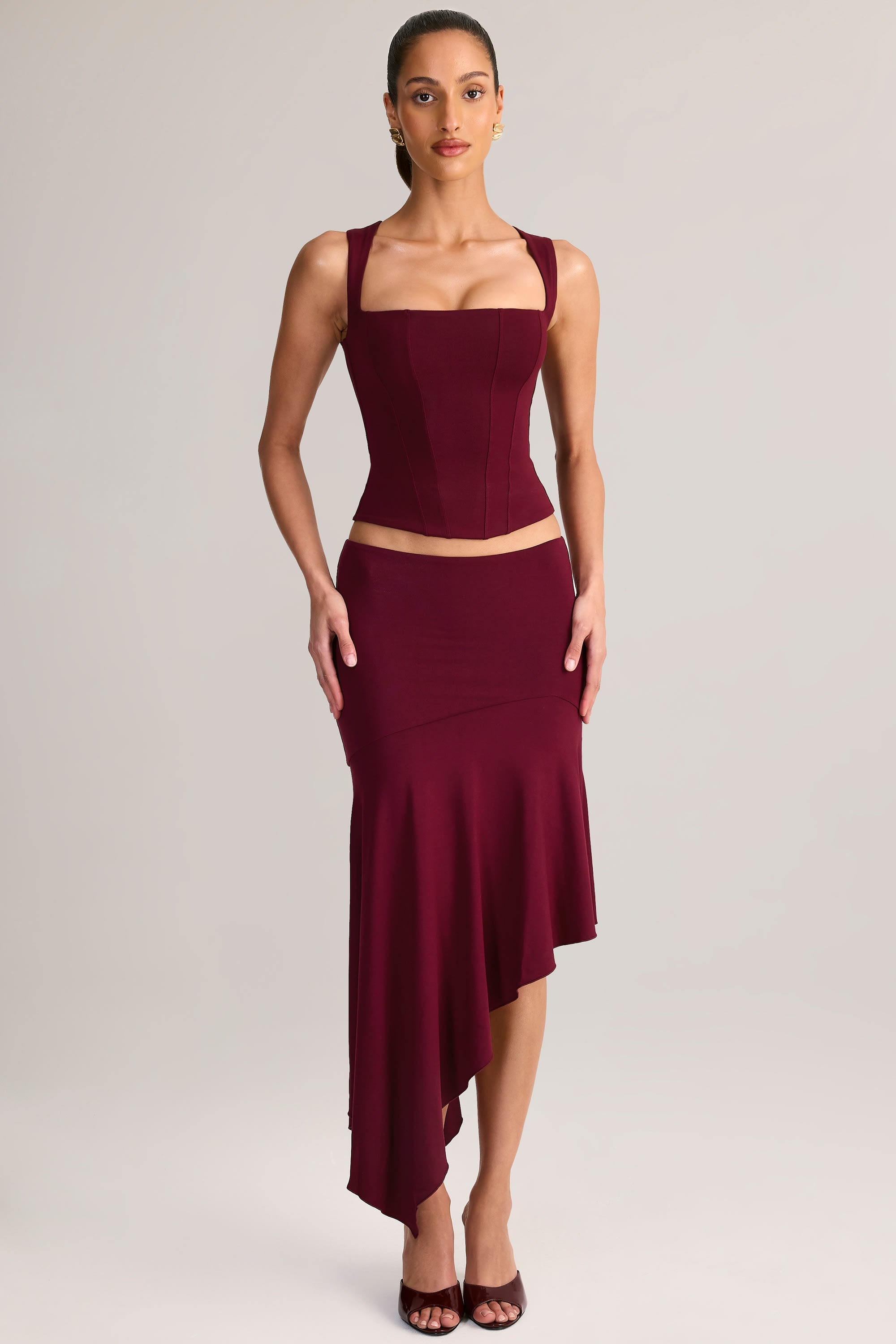 Modal Asymmetric Low-Rise Midaxi Skirt in Wine