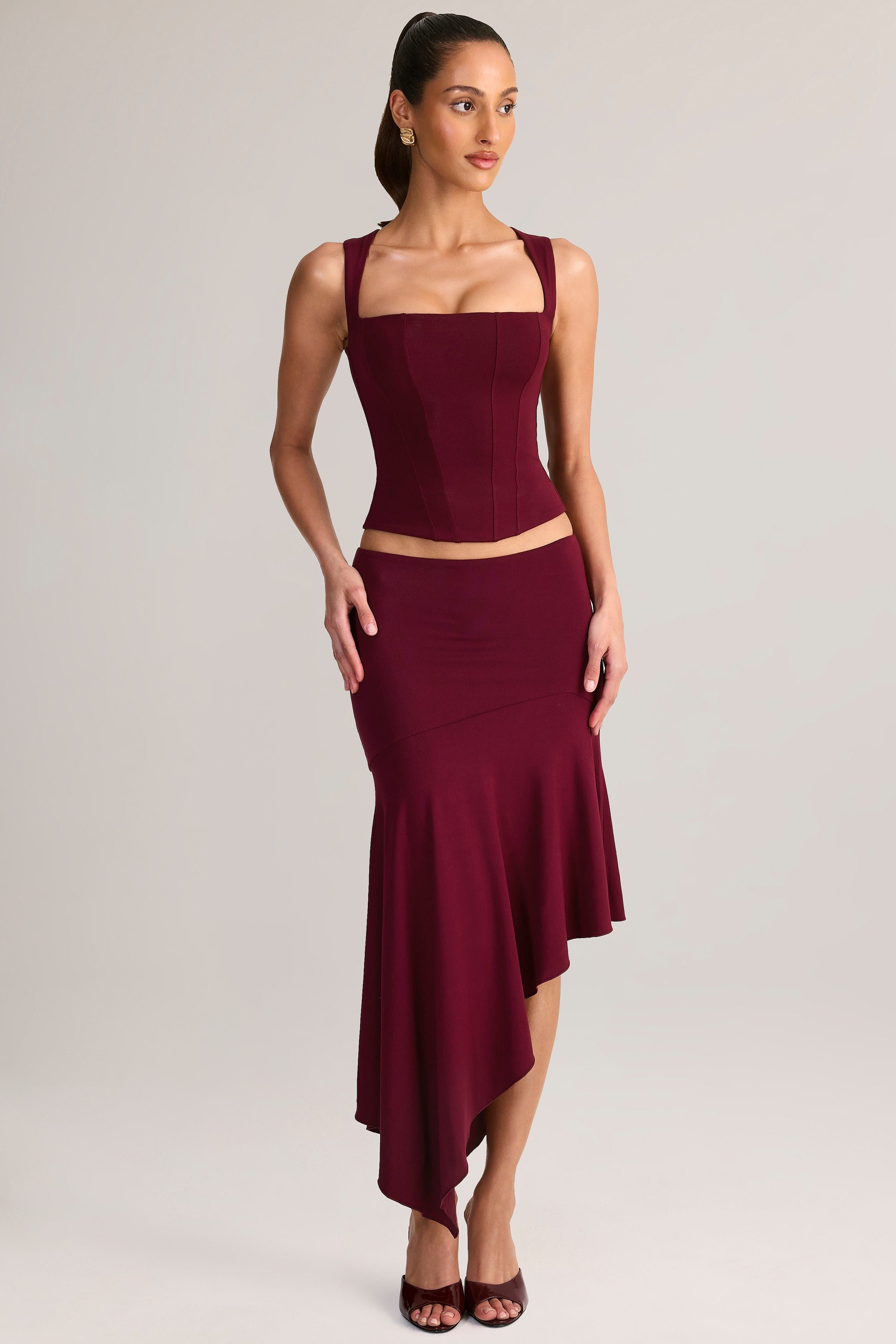 Modal Asymmetric Low-Rise Midaxi Skirt in Wine