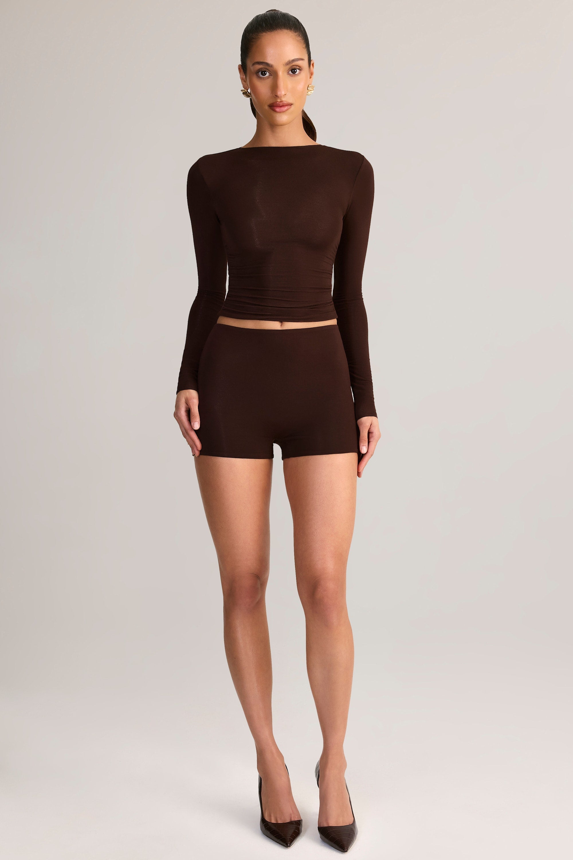 Modal High-Rise Mini Shorts in Chocolate Brown