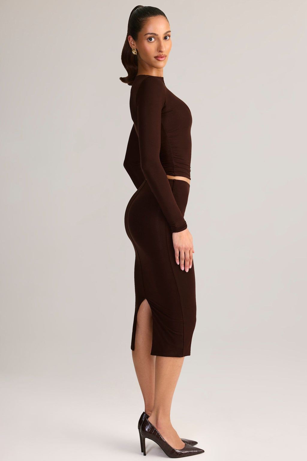 Modal Mid-Rise Pencil Skirt in Chocolate Brown