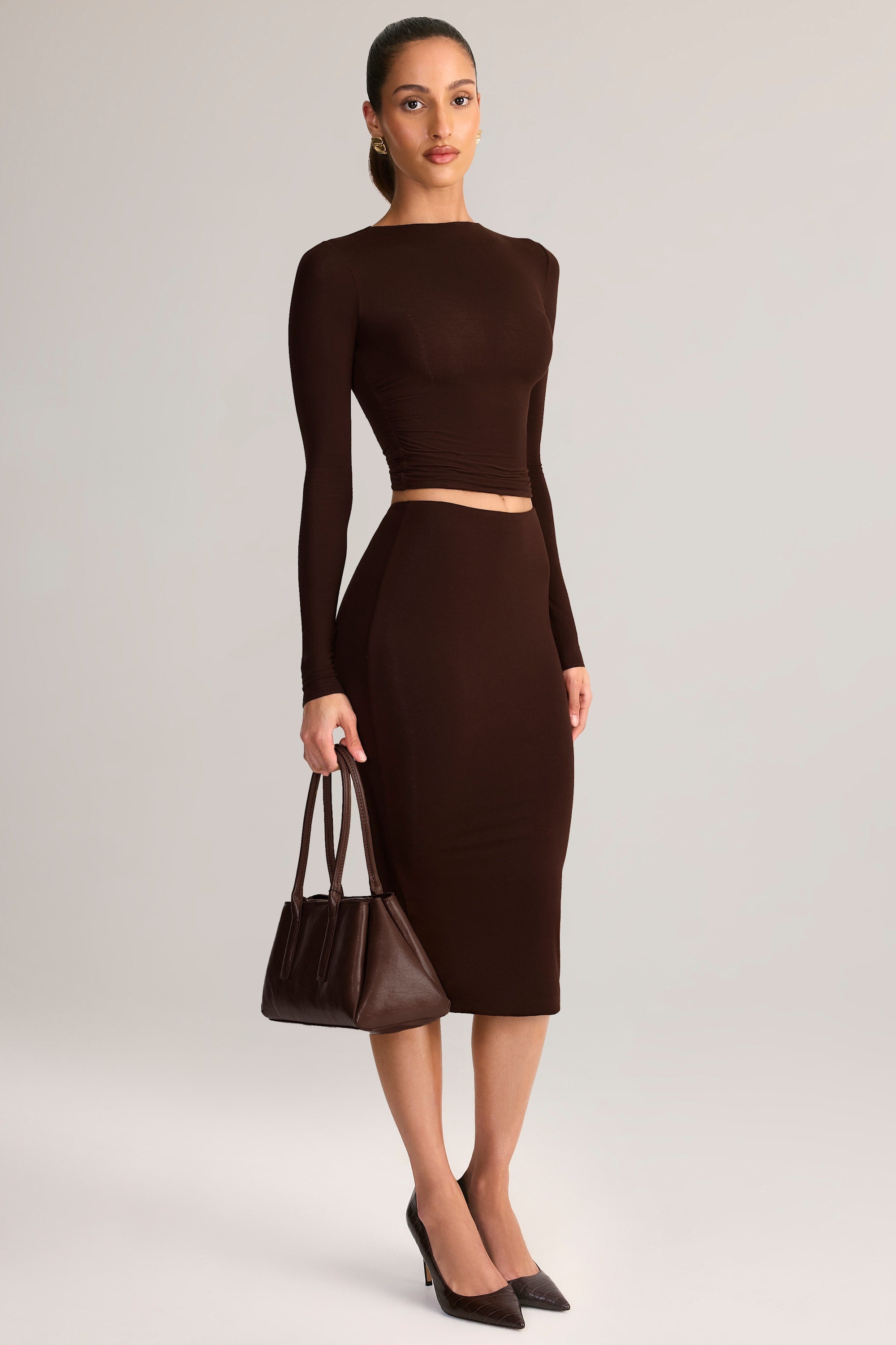 Modal Mid-Rise Pencil Skirt in Chocolate Brown