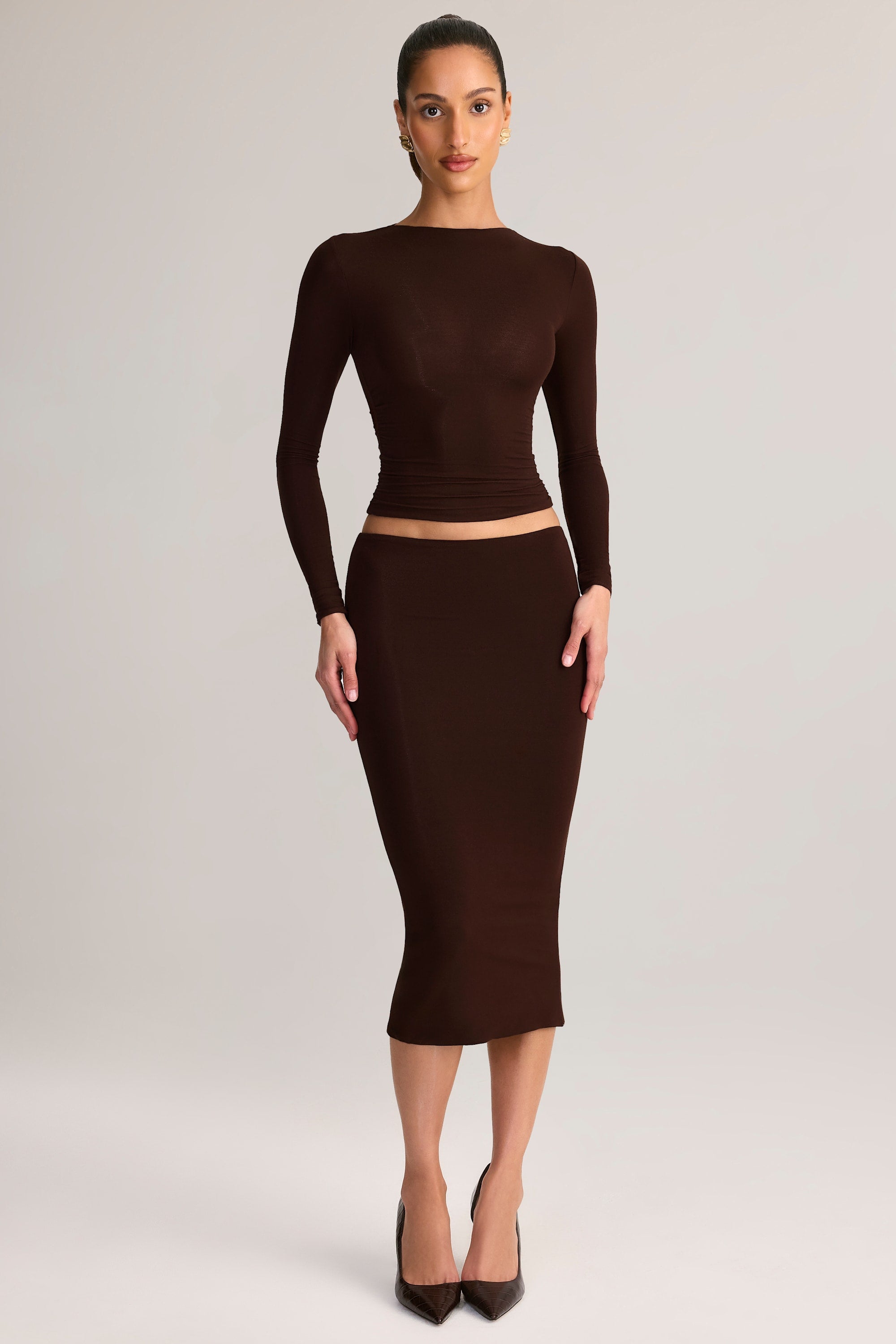 Modal Mid-Rise Pencil Skirt in Chocolate Brown