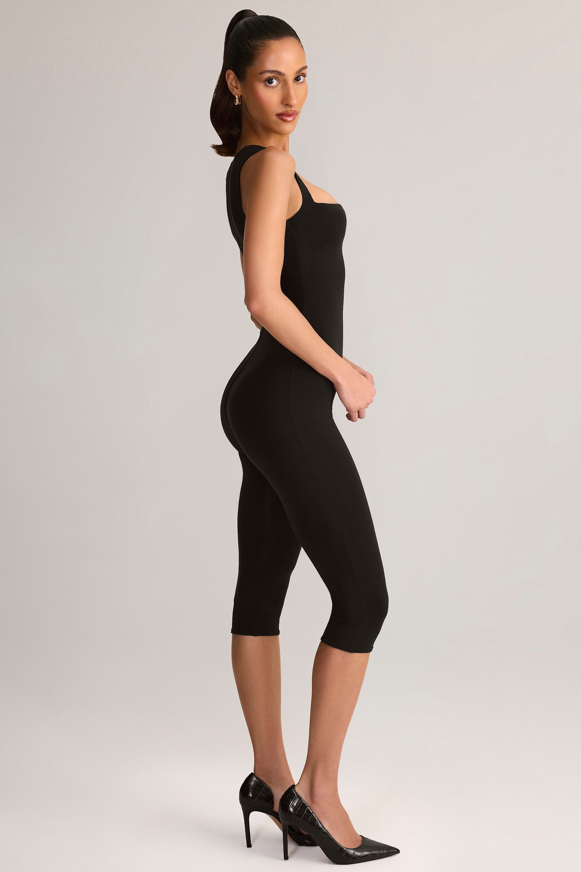 Modal Square-Neck Capri Jumpsuit in Black