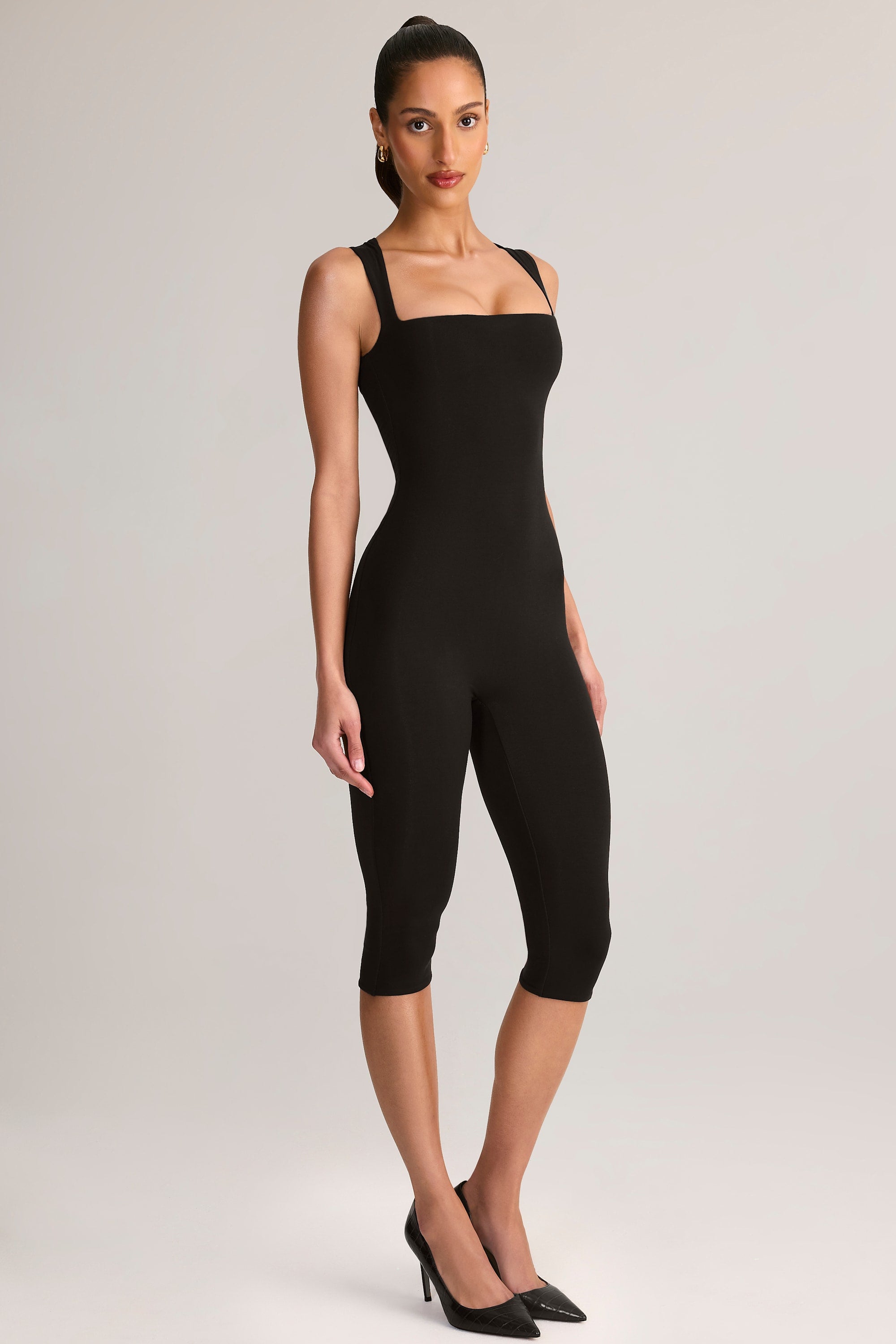 Modal Square-Neck Capri Jumpsuit in Black