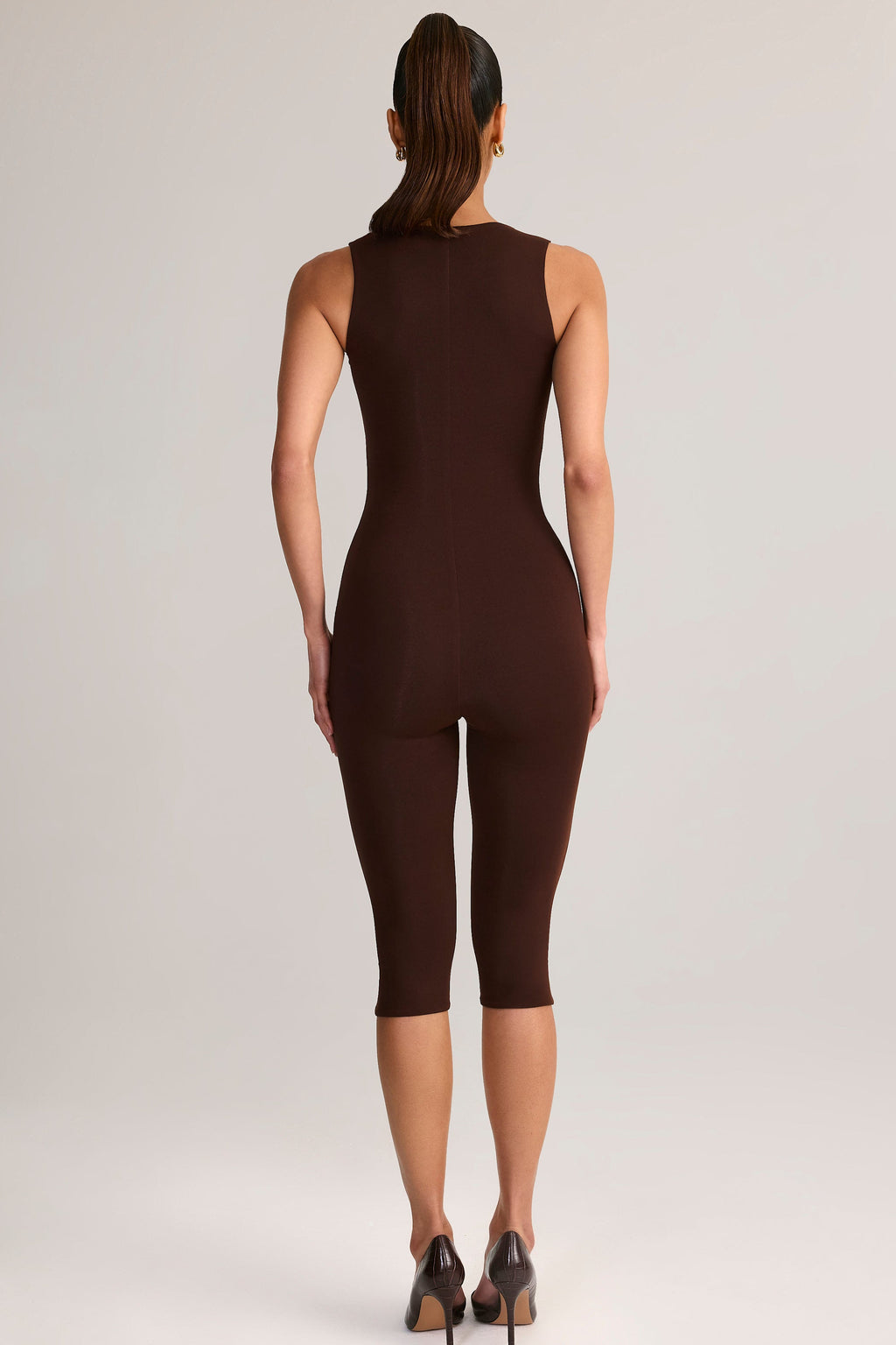 Modal Square-Neck Capri Jumpsuit in Chocolate Brown