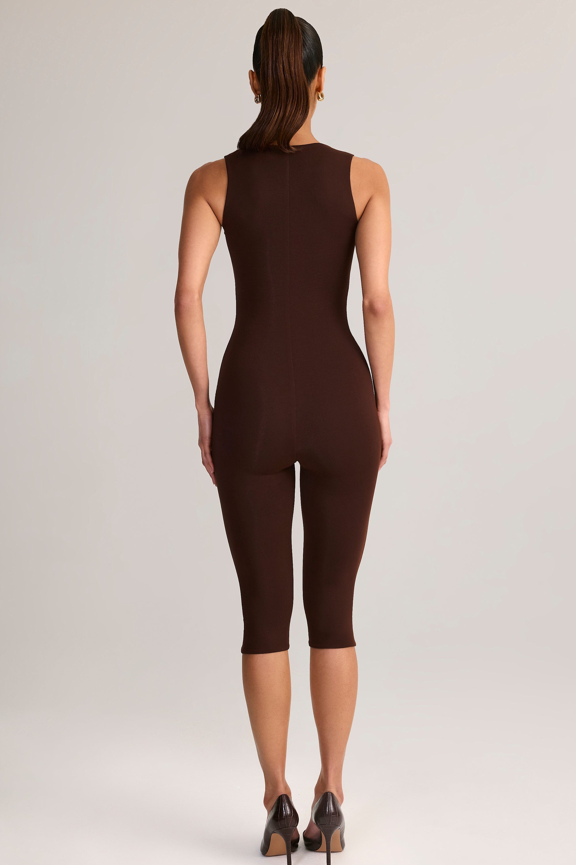 Modal Square-Neck Capri Jumpsuit in Chocolate Brown