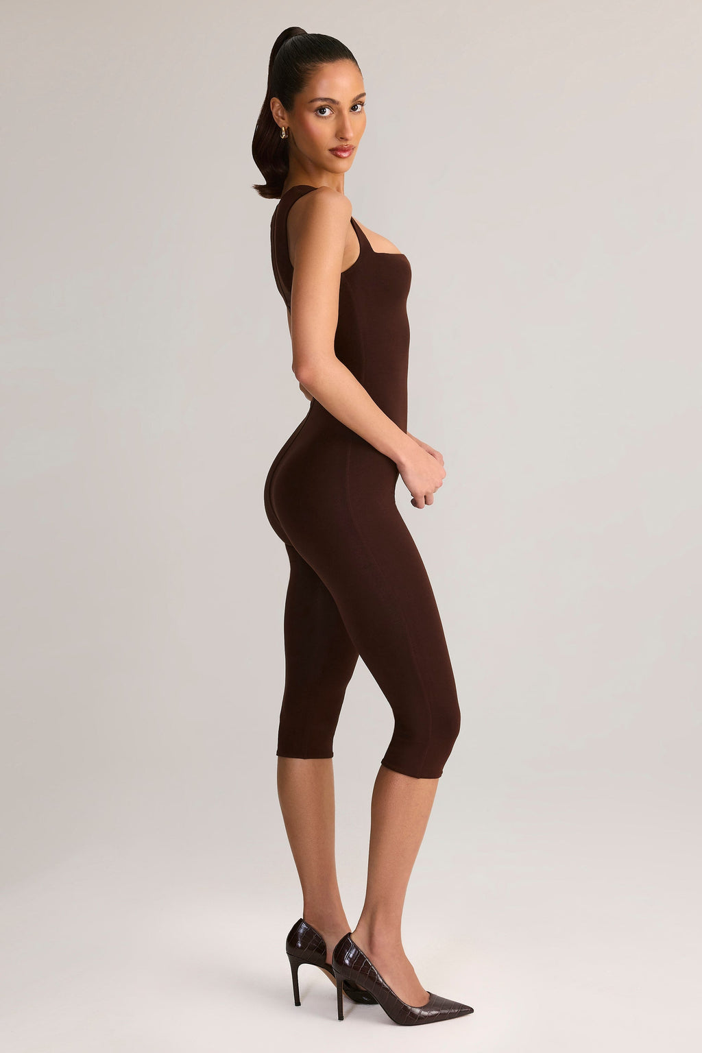 Modal Square-Neck Capri Jumpsuit in Chocolate Brown
