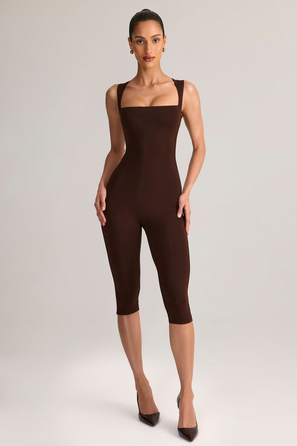 Modal Square-Neck Capri Jumpsuit in Chocolate Brown