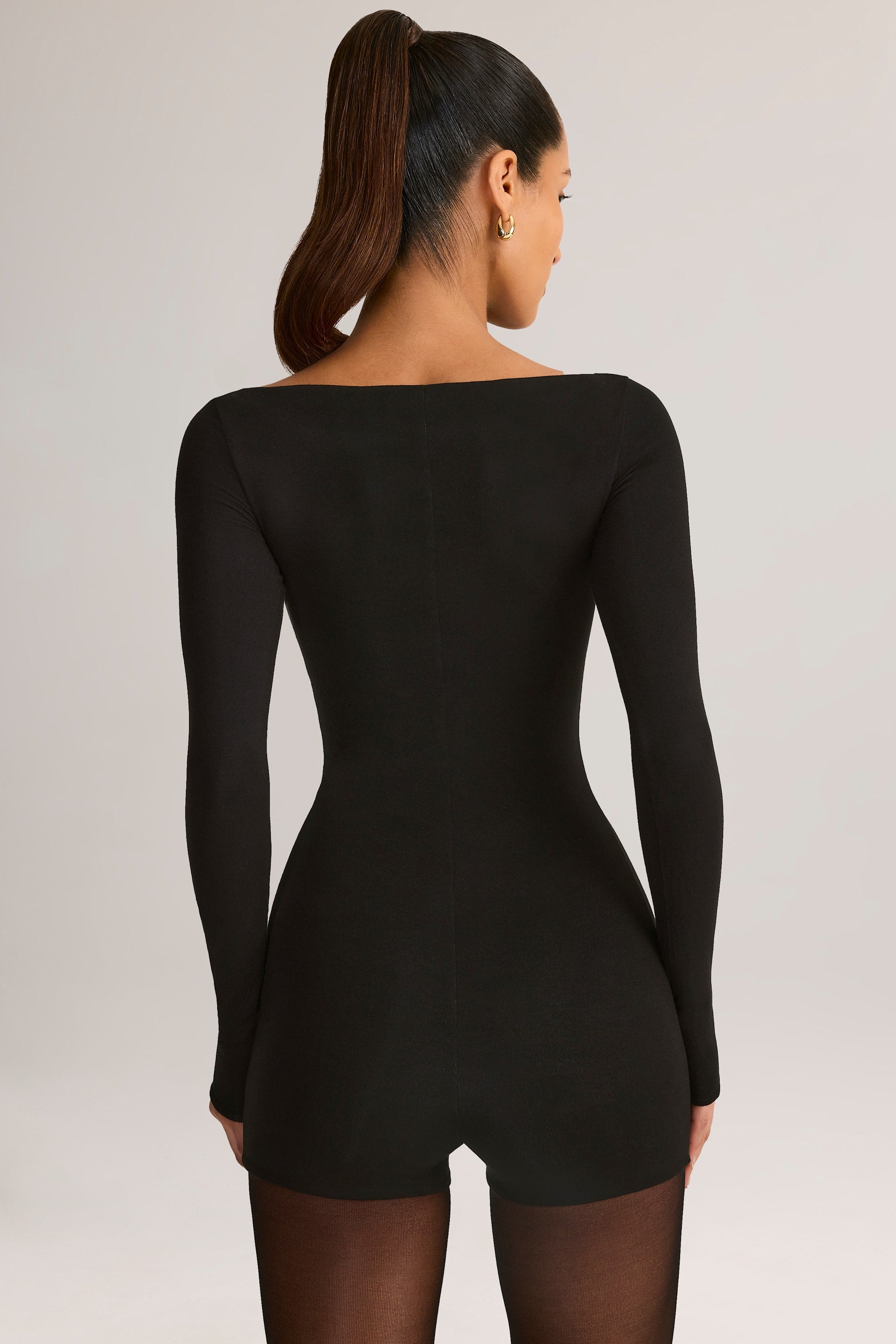 Modal Boat-Neck Long-Sleeve Playsuit in Black