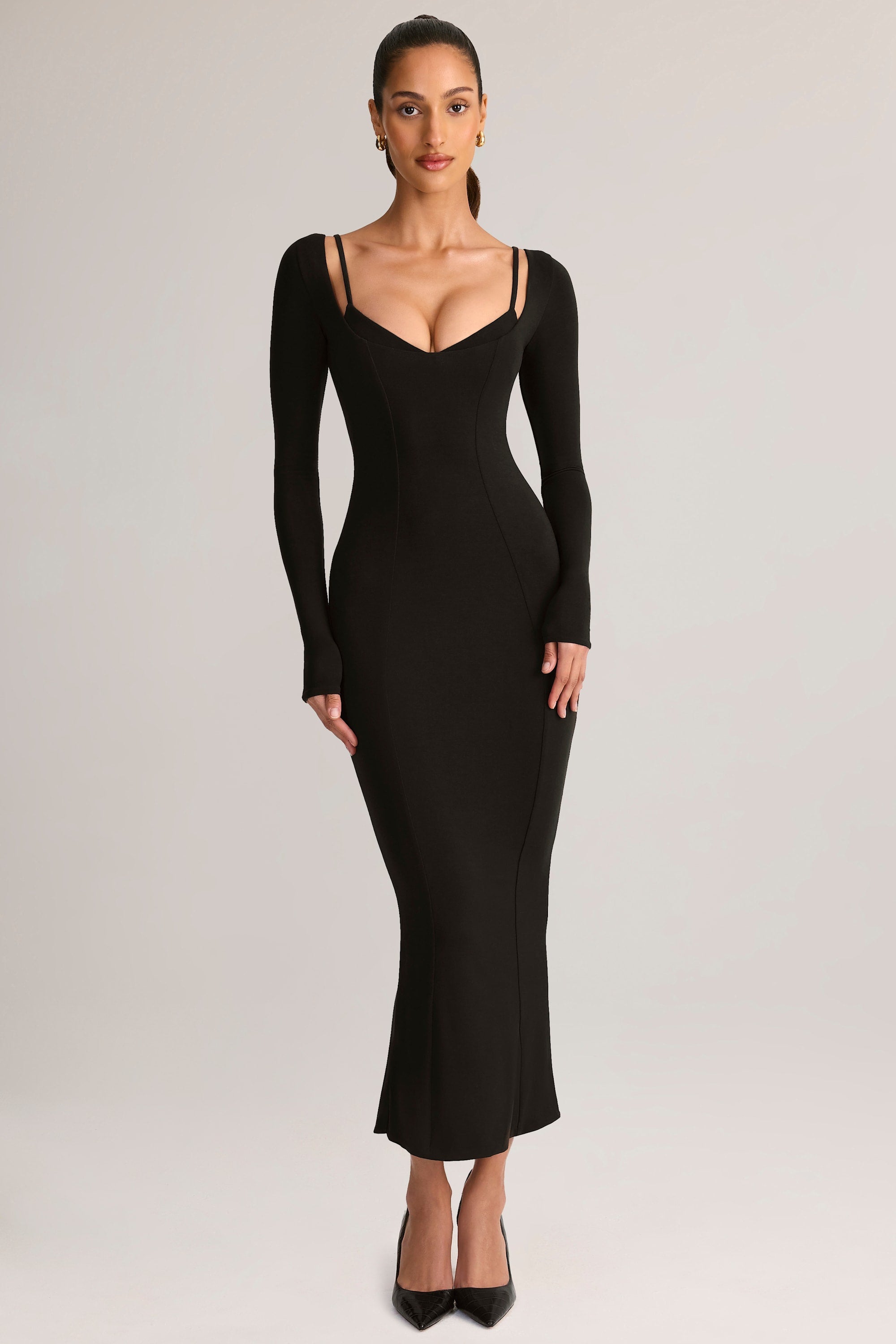 Modal Peekaboo Long-Sleeve Midi Dress in Black