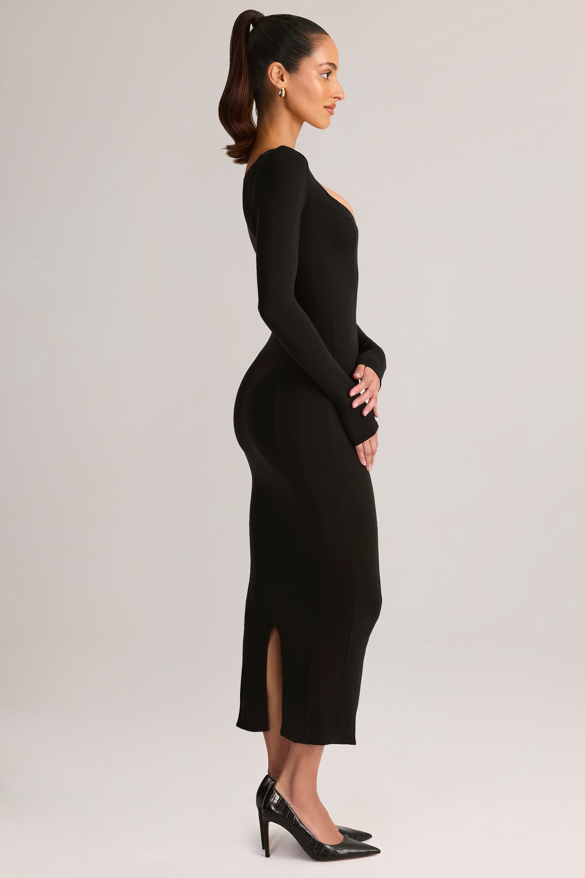 Modal Peekaboo Long-Sleeve Midi Dress in Black
