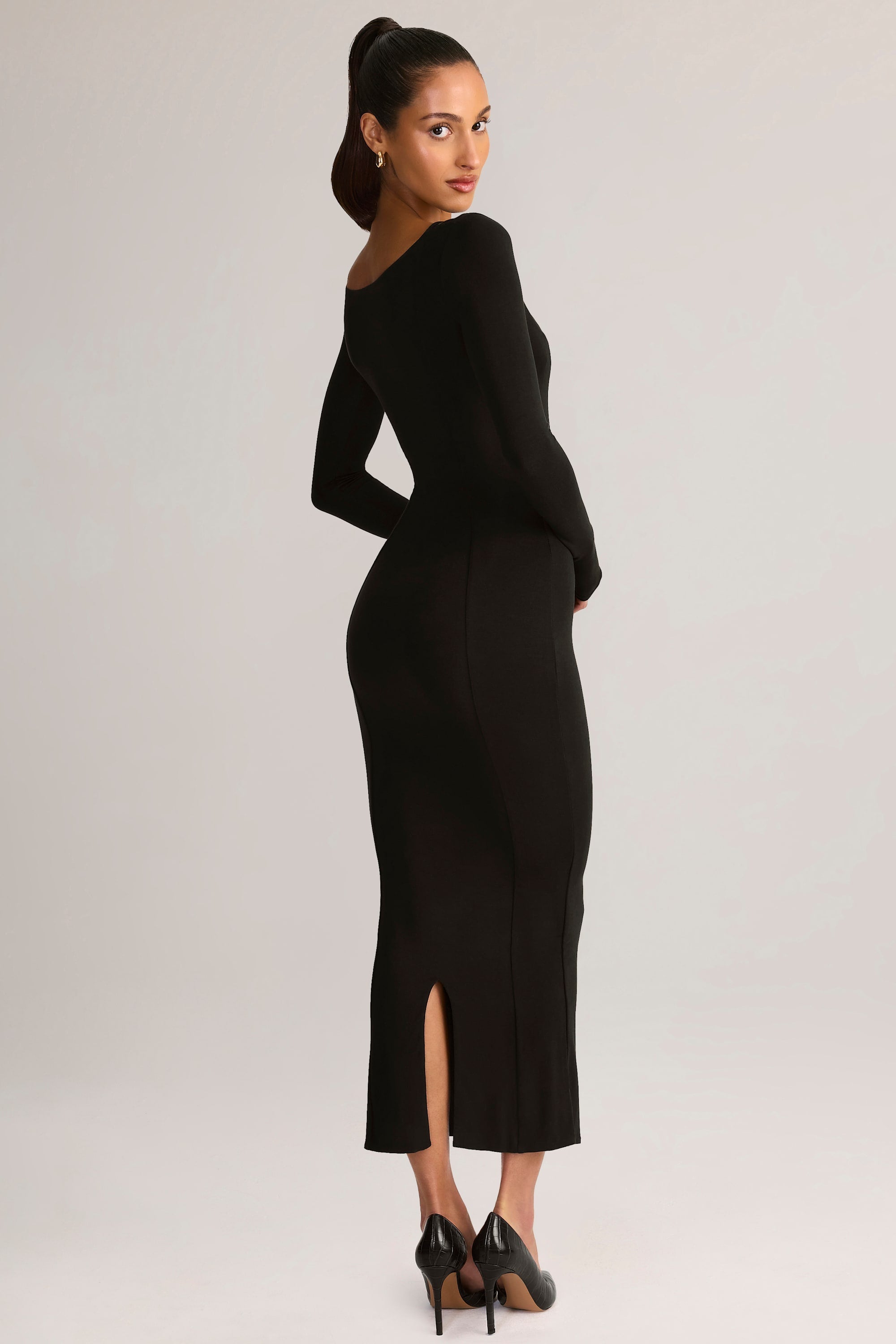 Modal Peekaboo Long-Sleeve Midi Dress in Black
