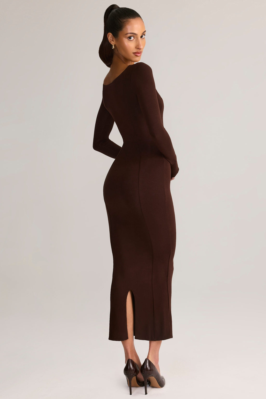 Modal Peekaboo Long-Sleeve Midi Dress in Chocolate Brown