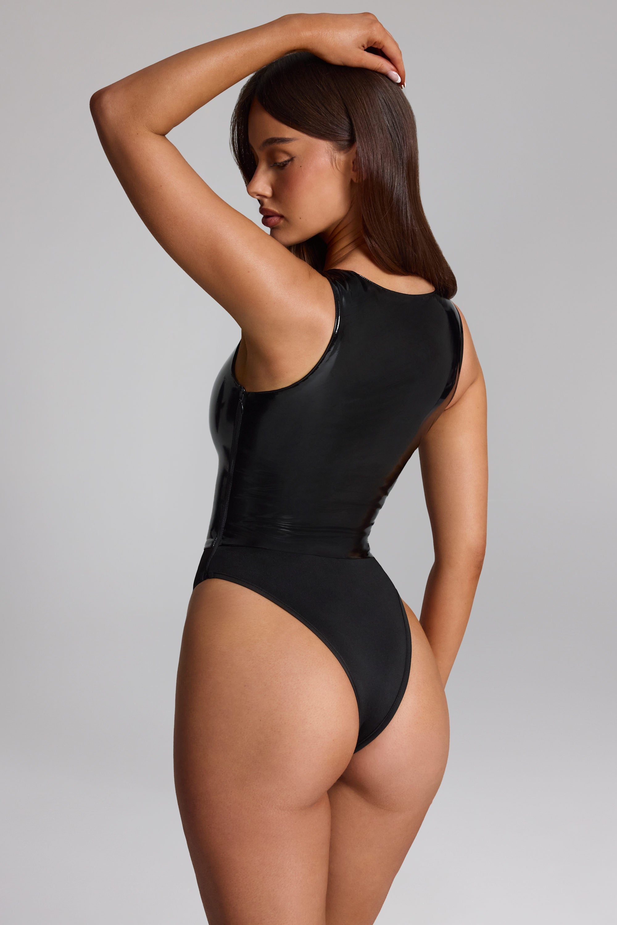 Vinyl Plunge-Neck Bodysuit in Black