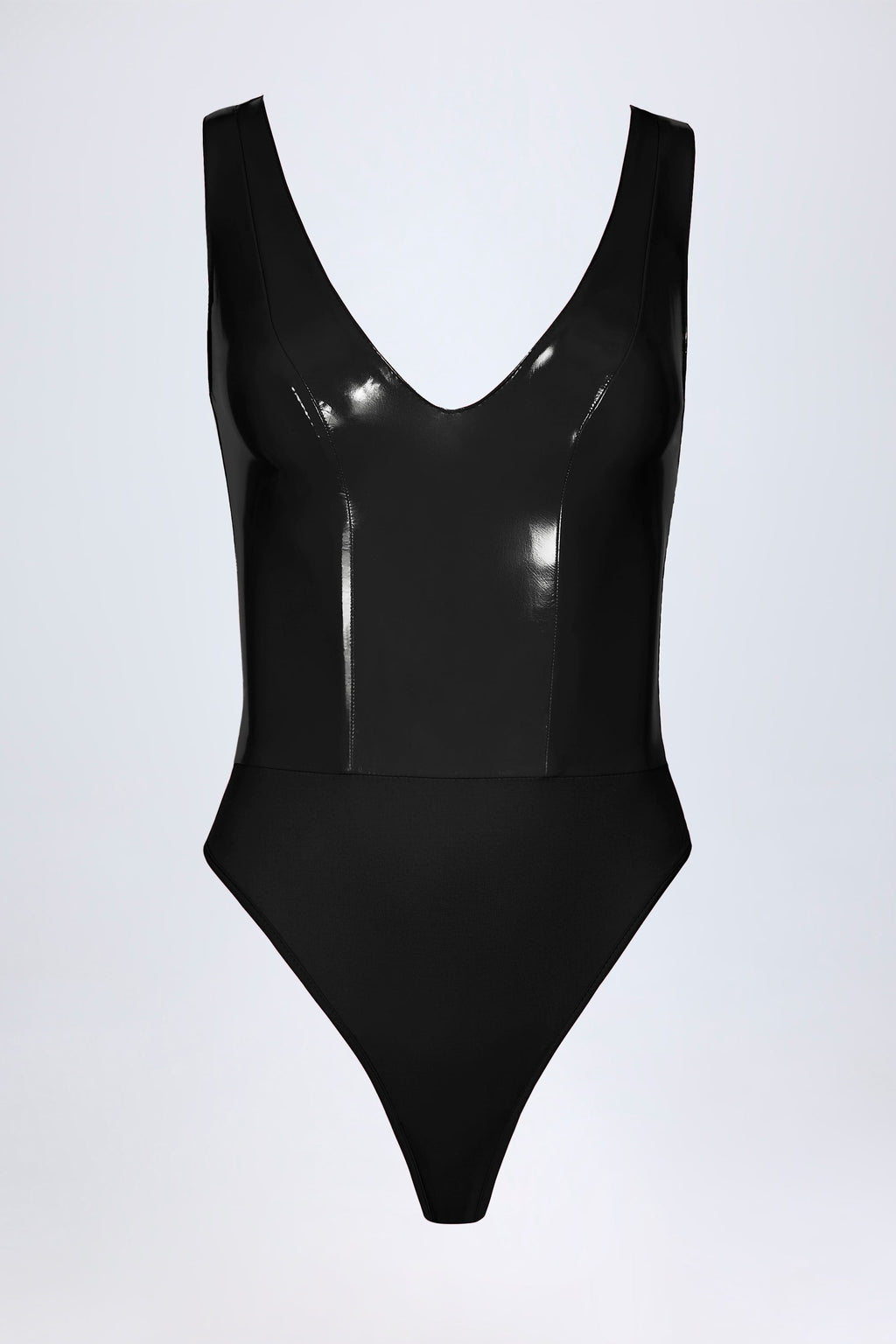 Vinyl Plunge-Neck Bodysuit in Black