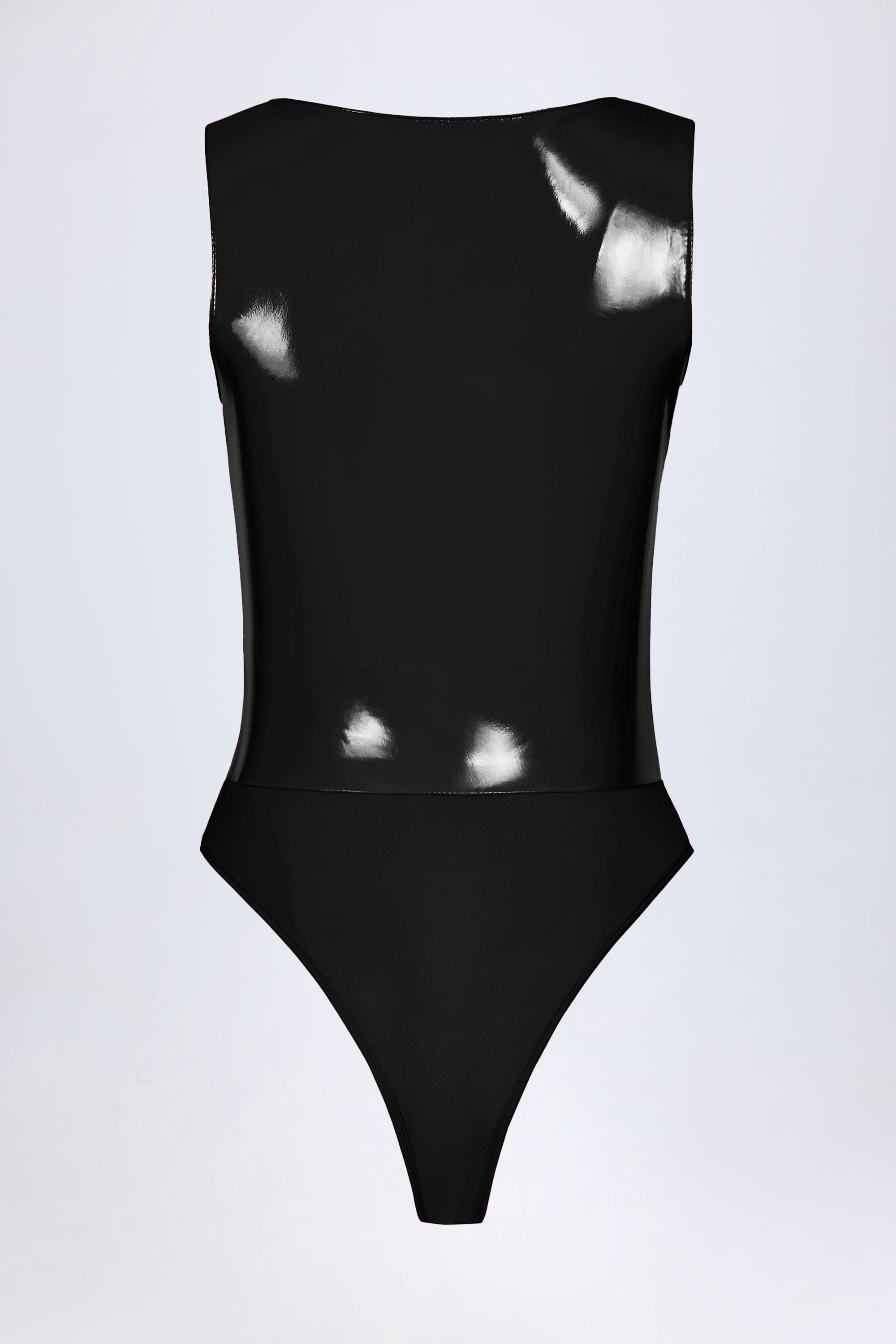 Vinyl Plunge-Neck Bodysuit in Black