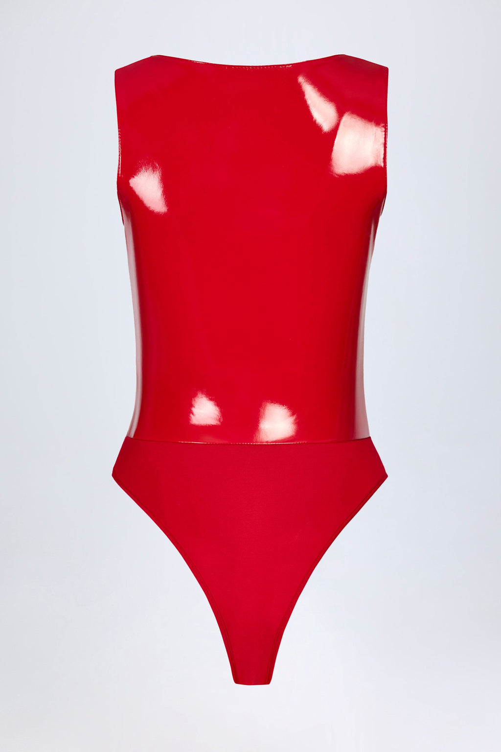 Vinyl Plunge-Neck Bodysuit in Fire Red