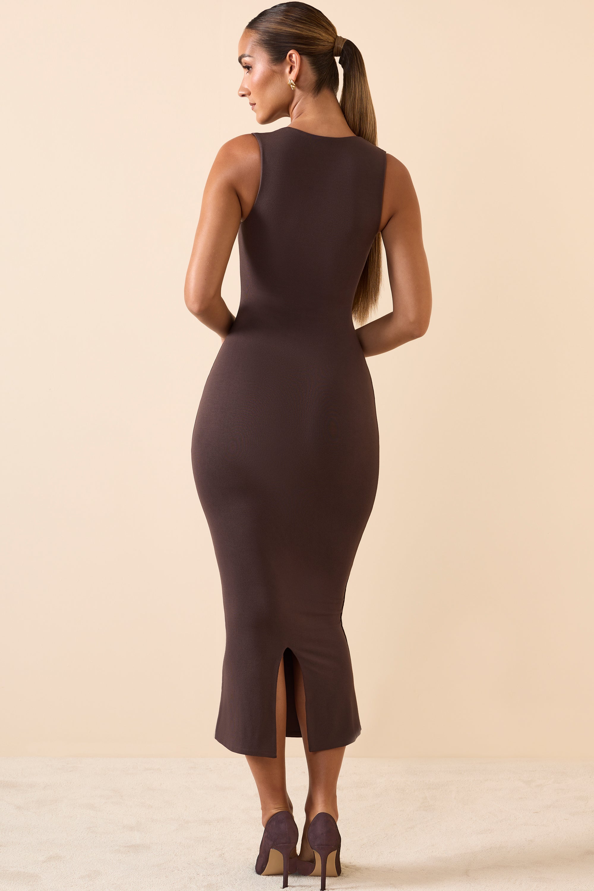 Square Neck Midi Dress in Chocolate Brown