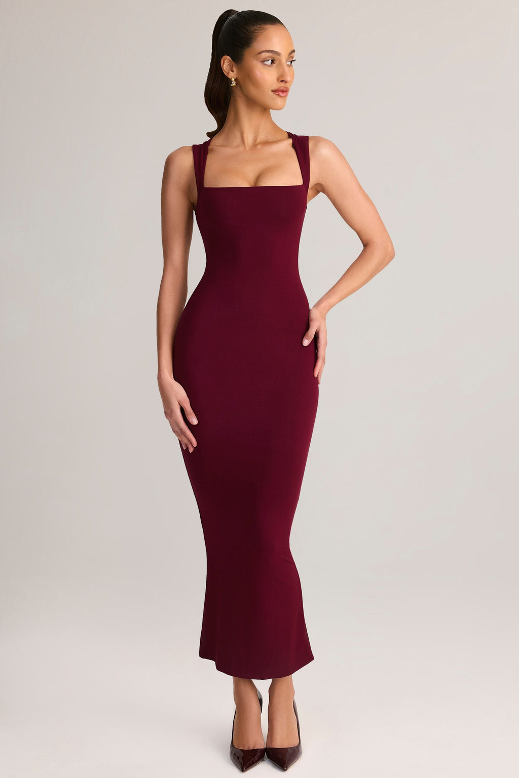 Modal Square-Neck Midi Dress in Wine