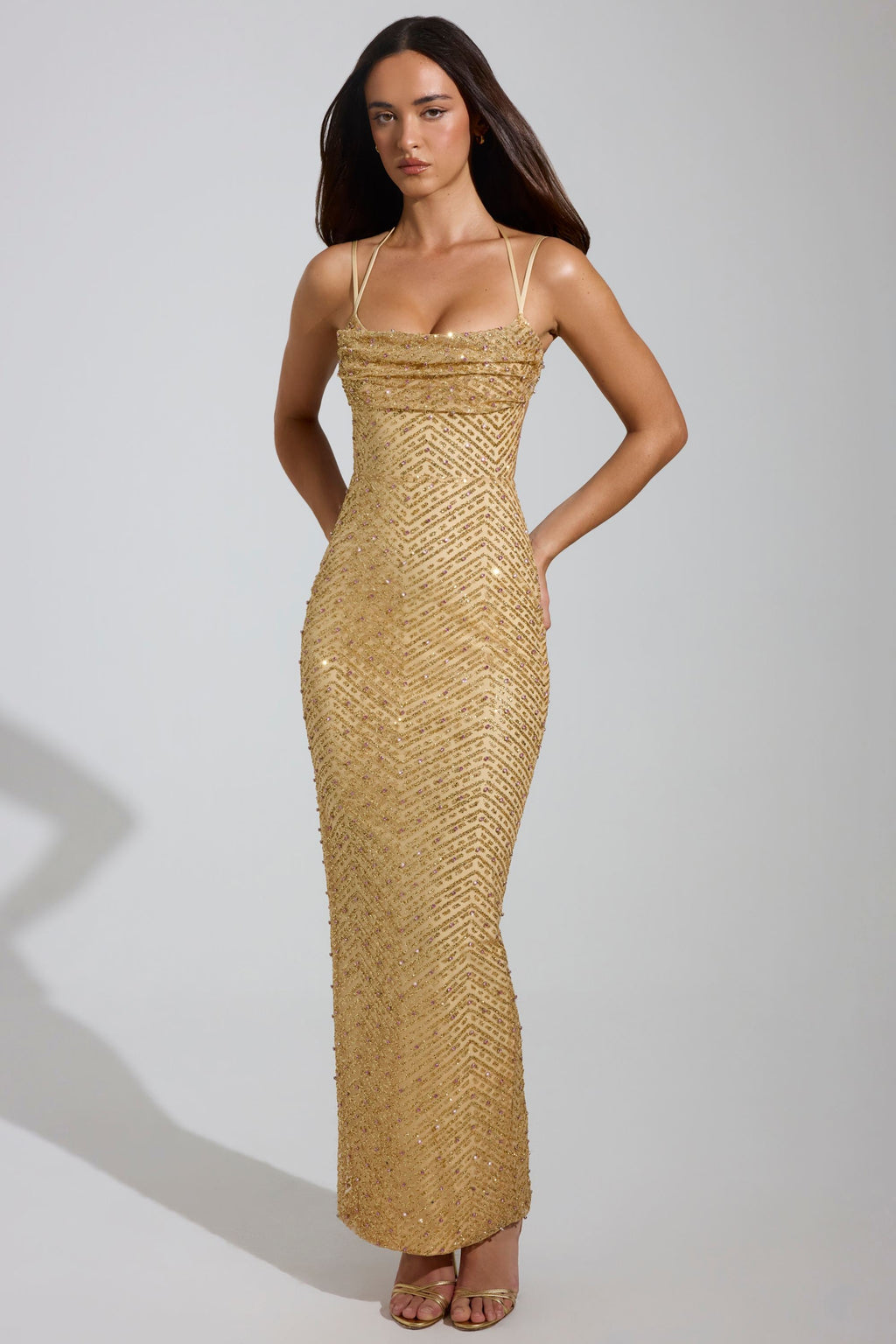 Embellished Cowl-Neck Maxi Dress in Gold