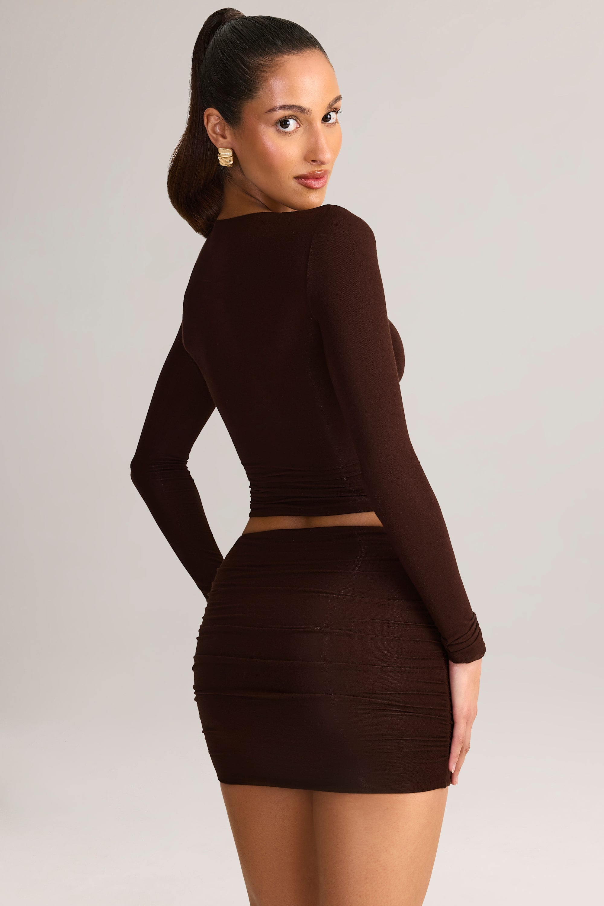 Modal Ruched Mid-Rise Mini Skirt in Chocolate Brown