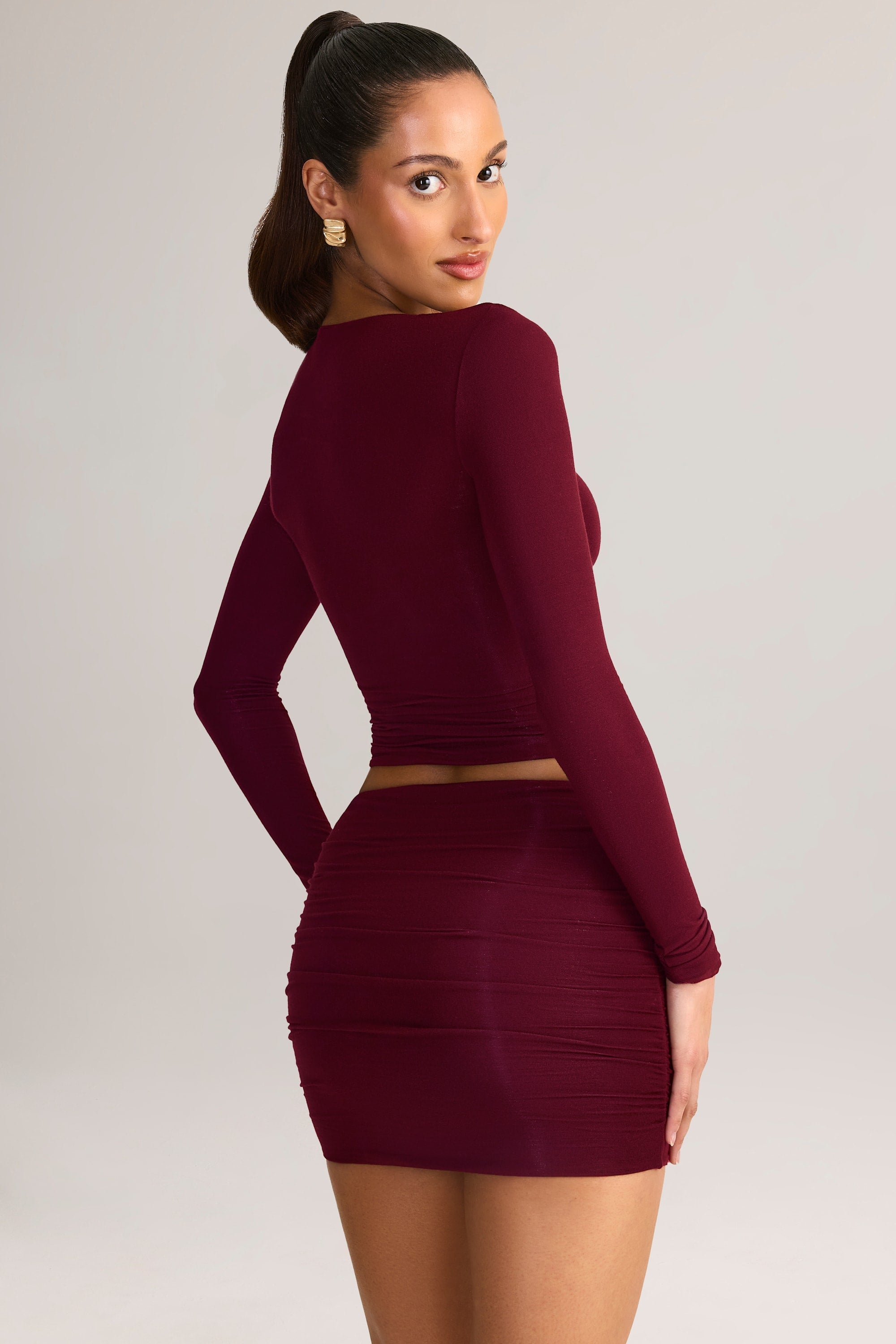 Modal Ruched Mid-Rise Mini Skirt in Wine Red