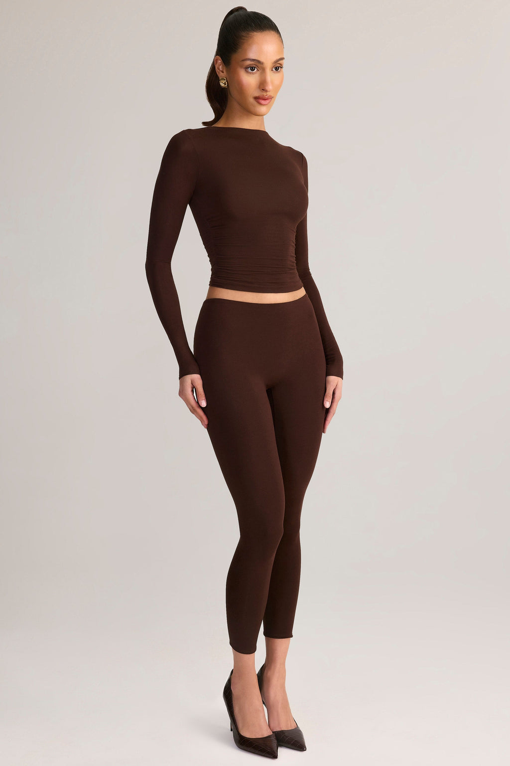 Modal Ruched Long-Sleeve Top in Chocolate Brown