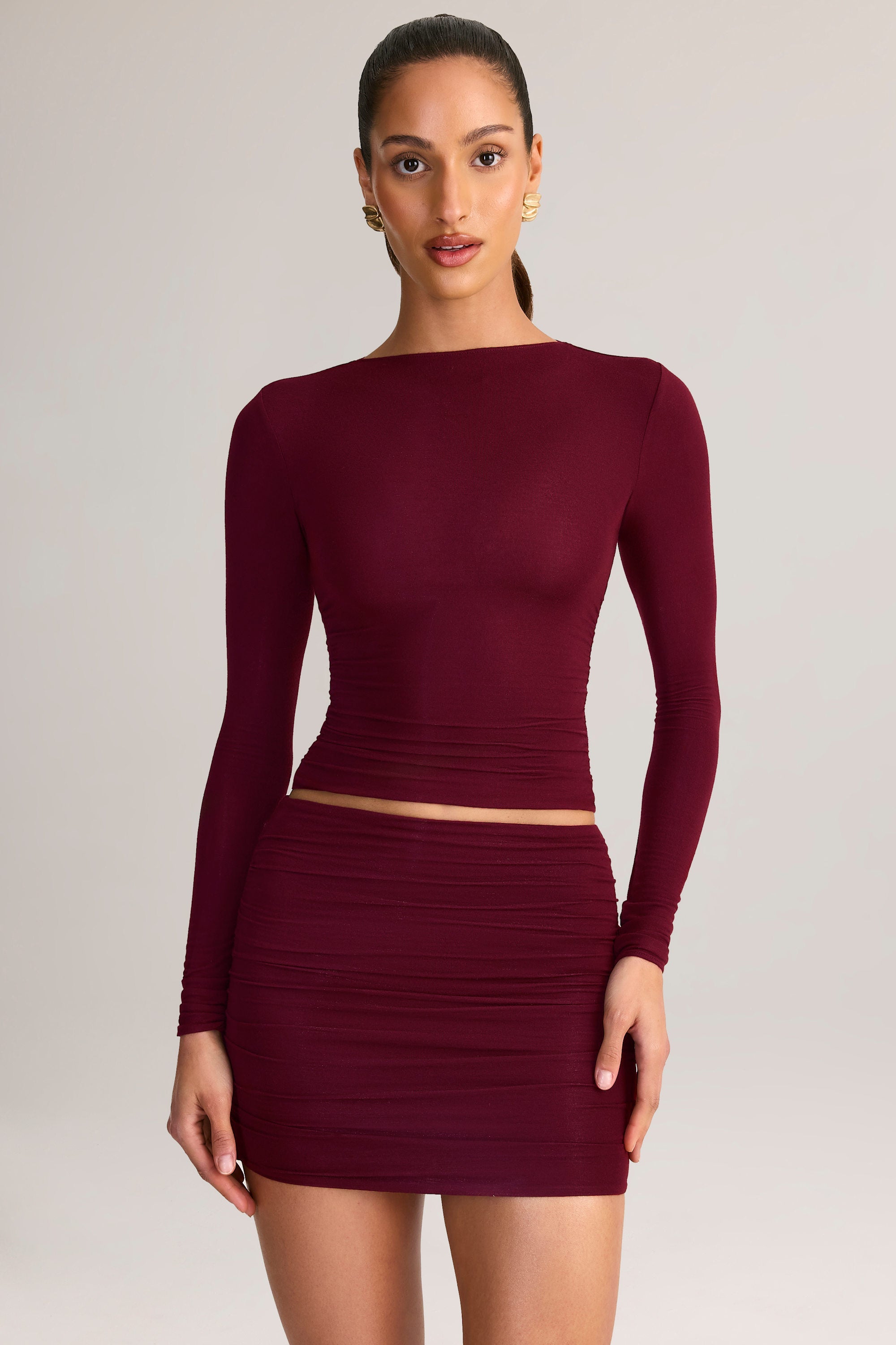 Modal Ruched Long-Sleeve Top in Wine