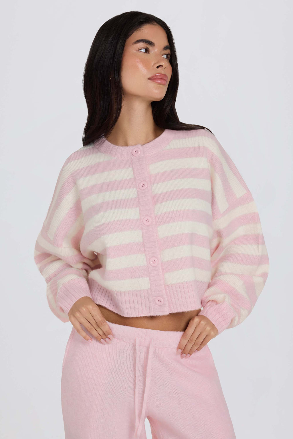 Soft Knit Stripe Cropped Cardigan in Pink Stripe