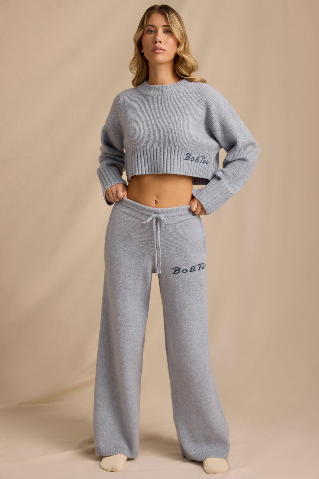 Ribbed Knit Mid-Rise Wide-Leg Joggers in Soft Blue