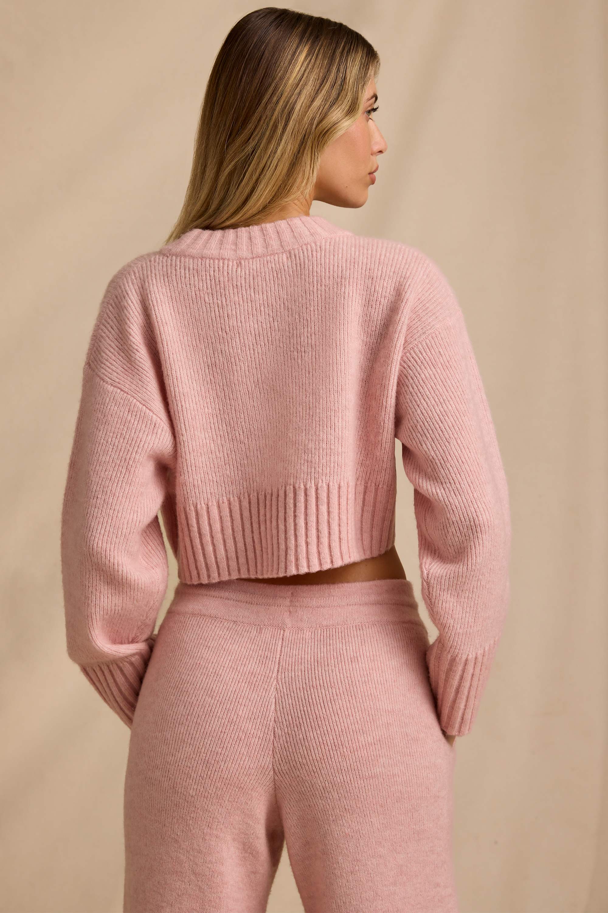 Ribbed Knit Cropped Jumper in Blush Pink