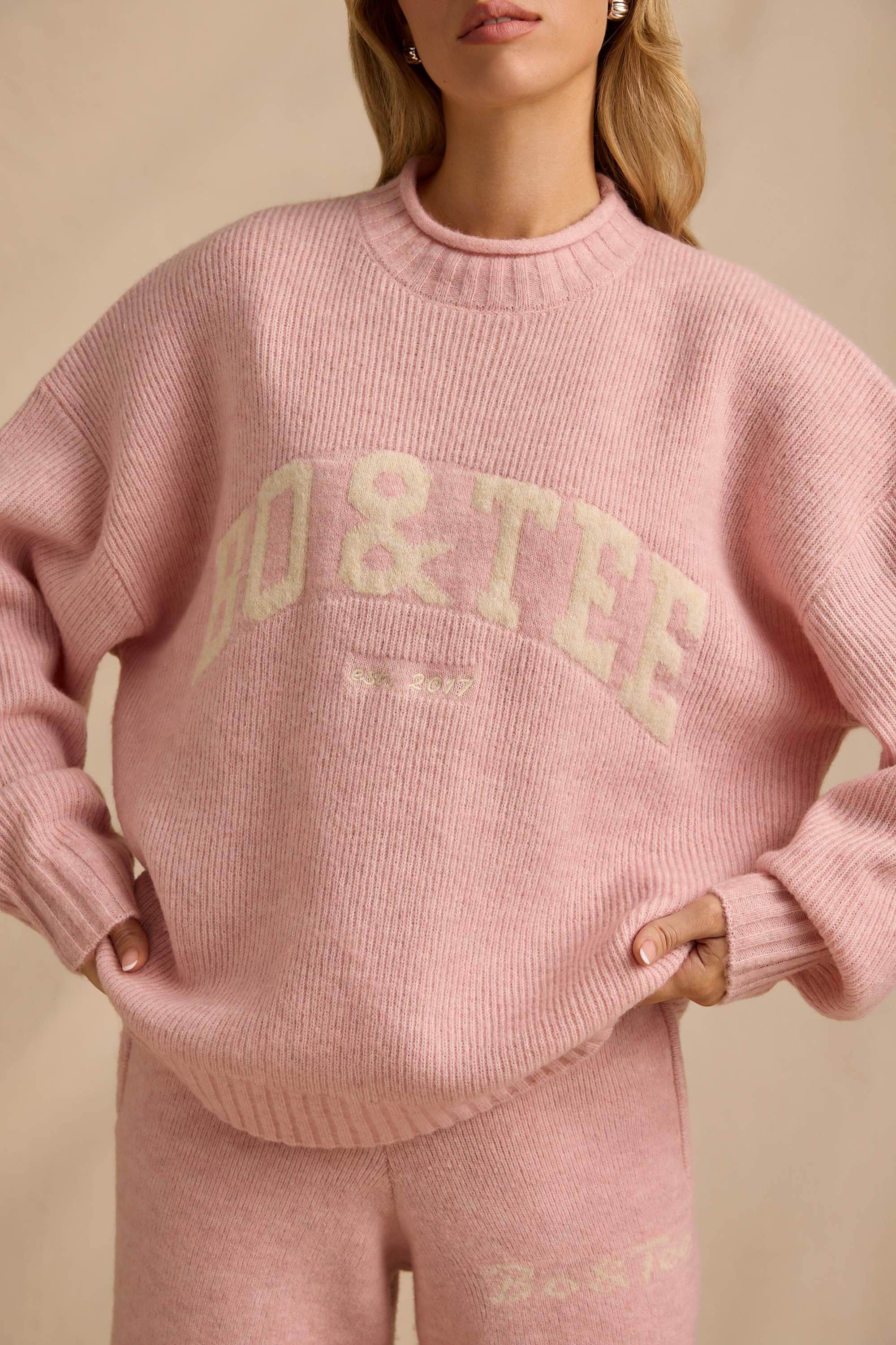 Ribbed Knit Oversized Jumper in Blush Pink