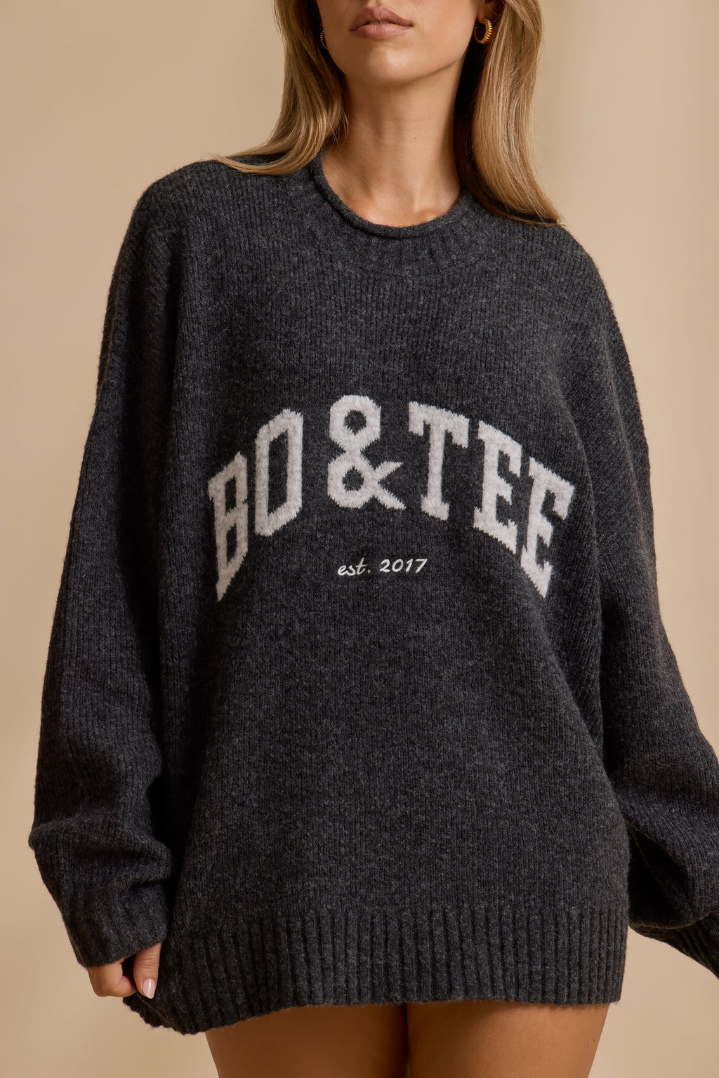 Ribbed Knit Oversized Jumper in Charcoal Marl