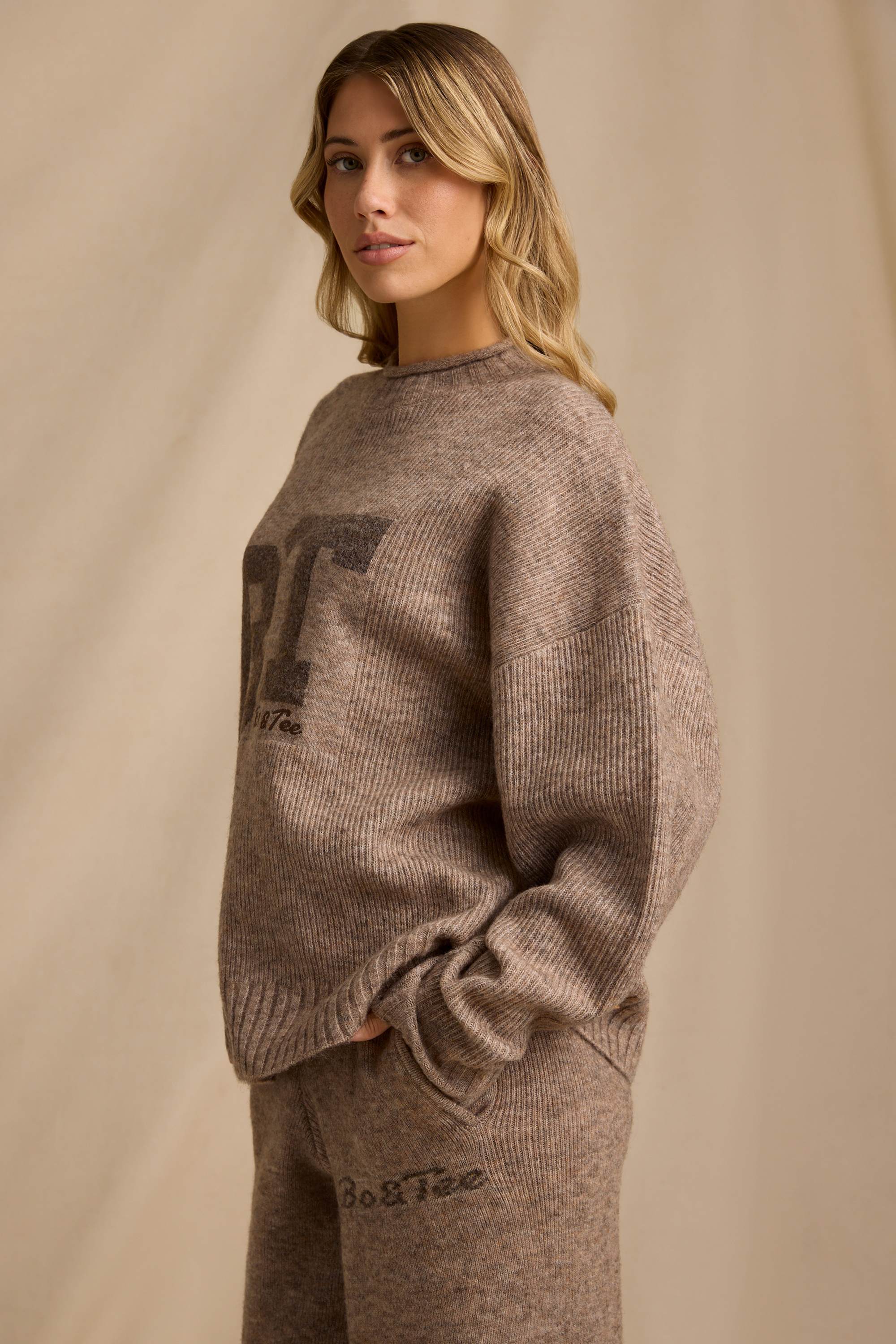 Ribbed Knit Oversized Jumper in Brown Marl