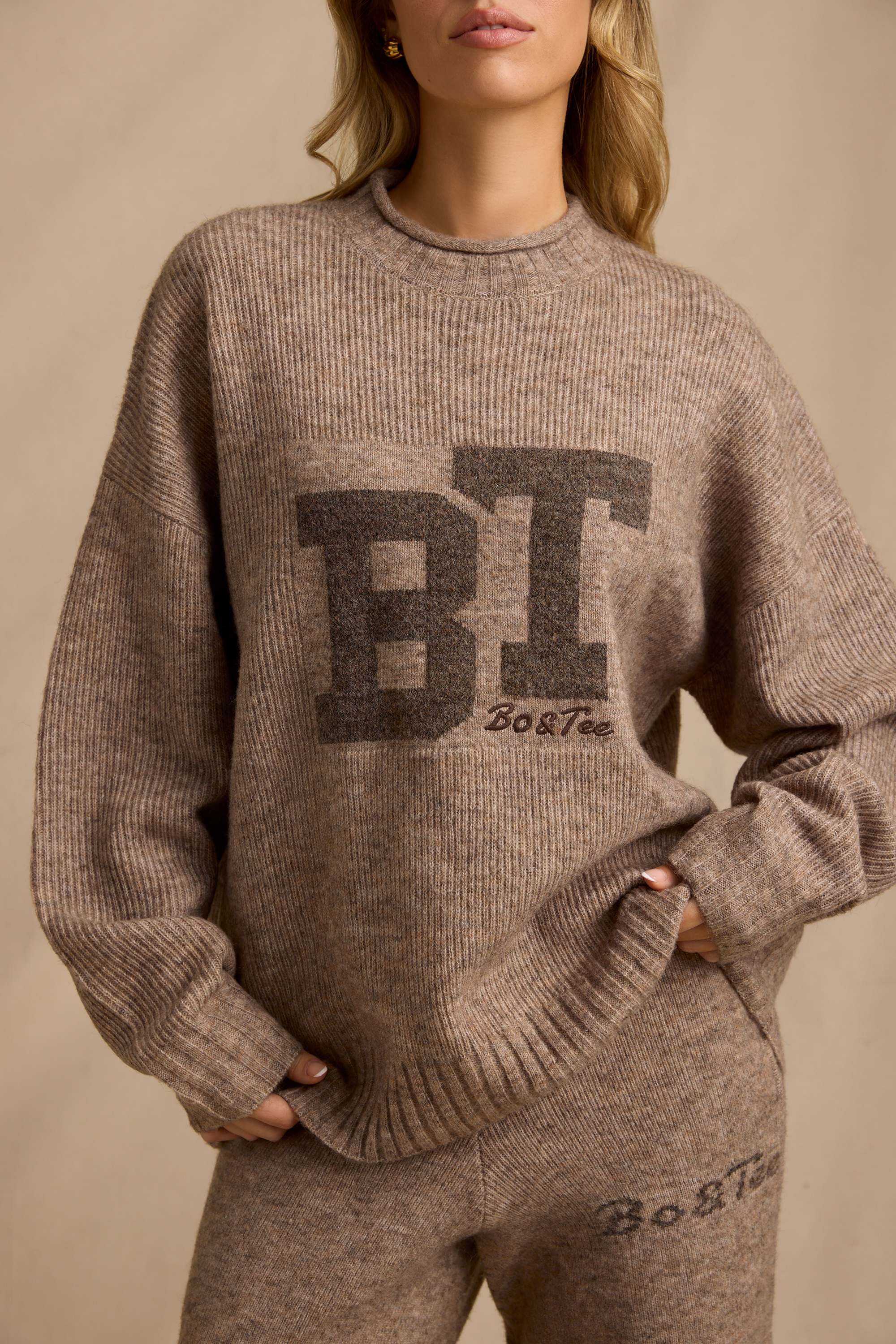 Ribbed Knit Oversized Jumper in Brown Marl