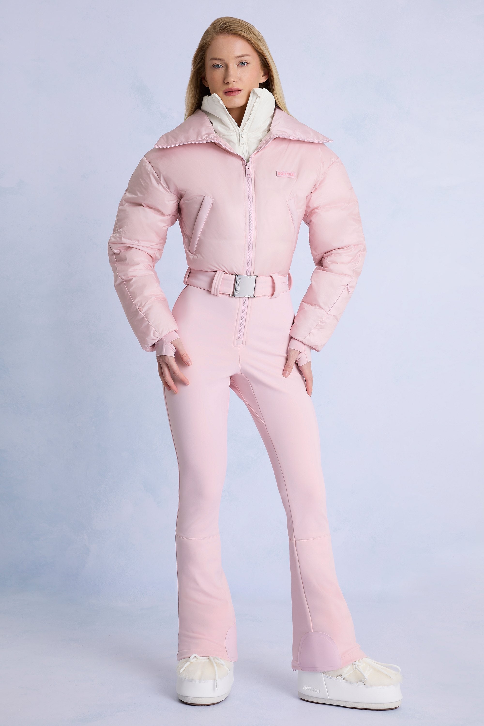 Waterproof Belted Layered Ski Suit in Powder Pink