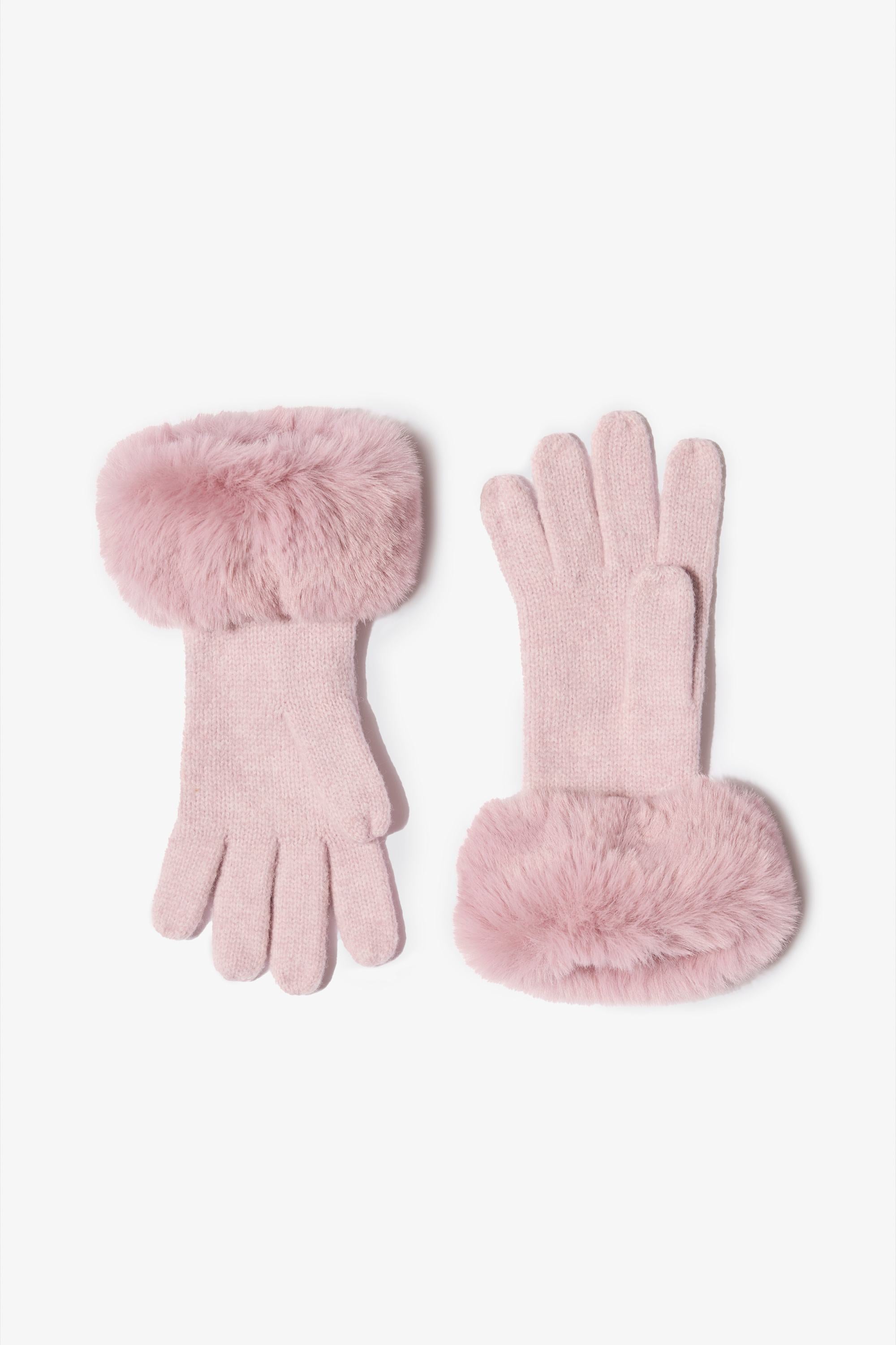 Knit Faux-Fur Cuff Gloves in Powder Pink