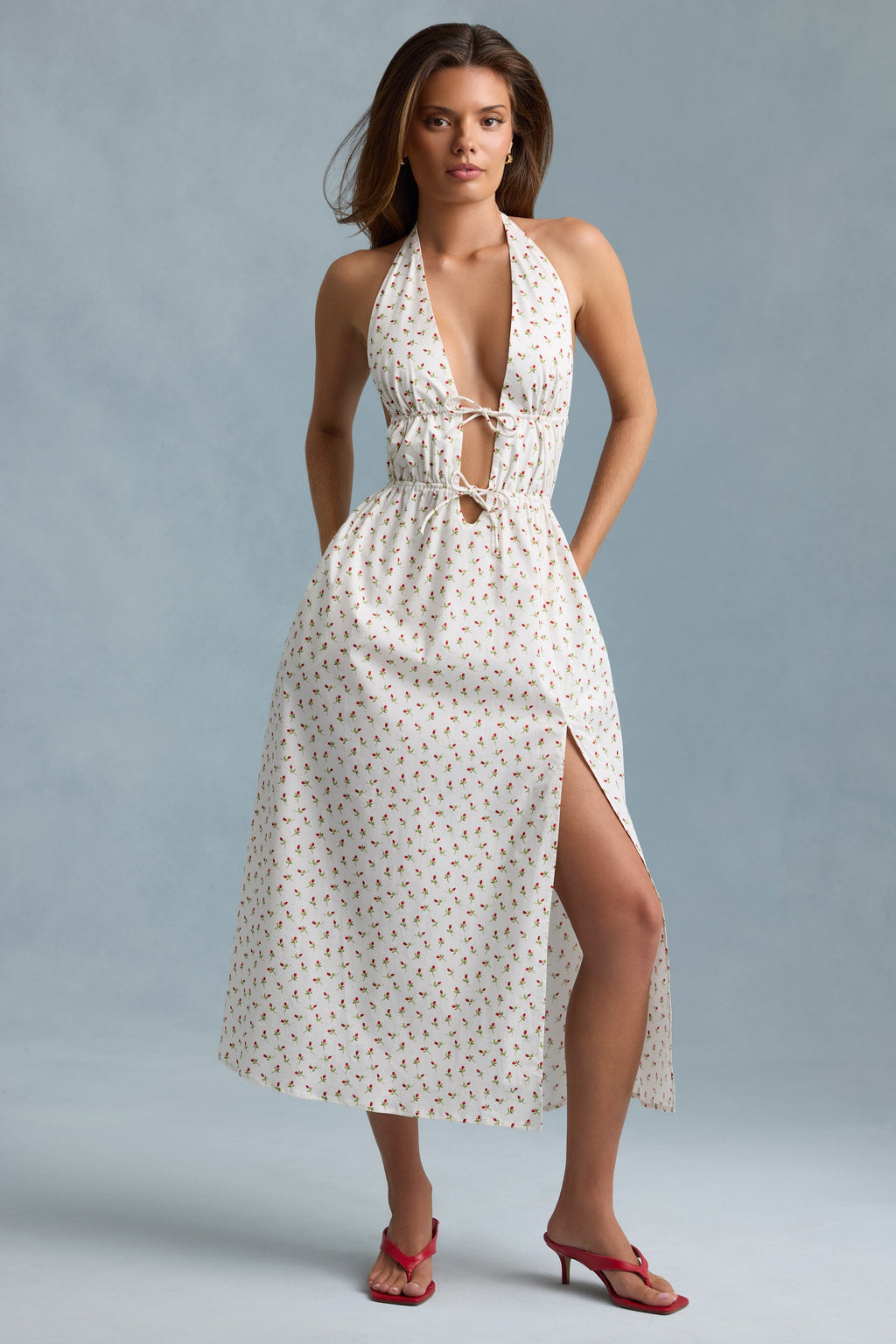 Backless Cotton-Poplin Maxi Dress in Rose Print