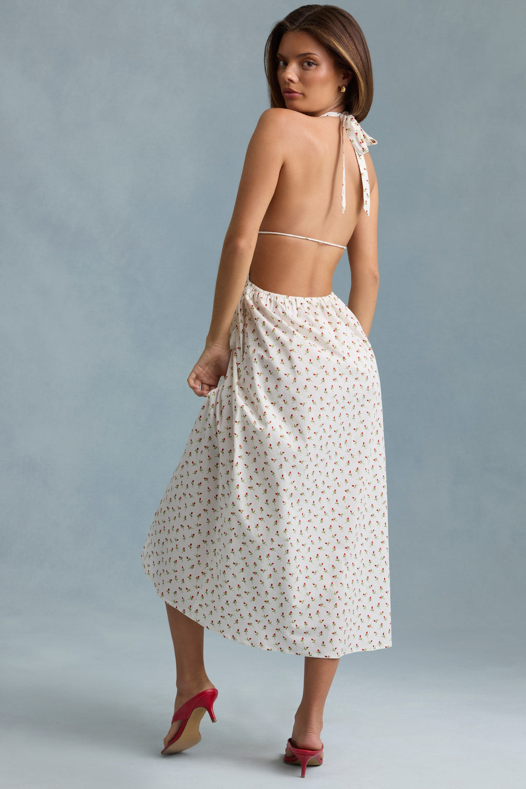 Backless Cotton-Poplin Maxi Dress in Rose Print