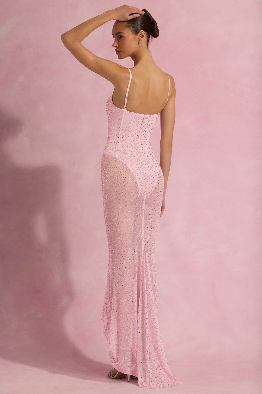 Semi-Sheer Embellished Corset Gown in Pink