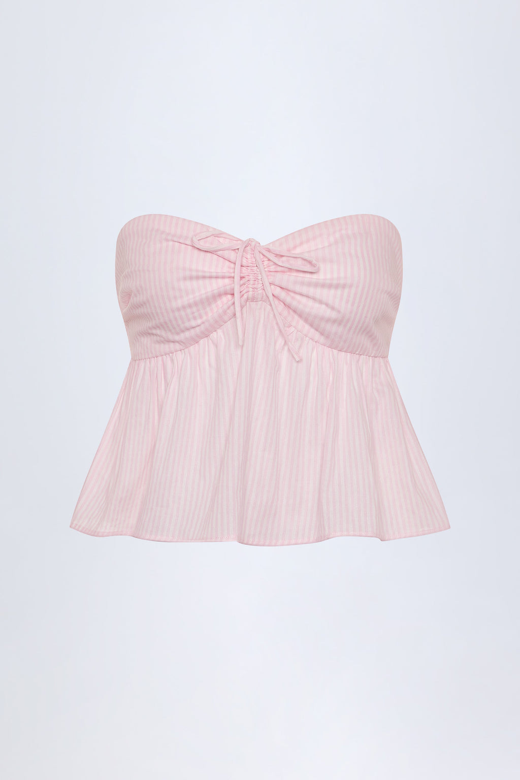 Tie-Front Strapless Cotton-Poplin Crop Top in Pink White Stripe