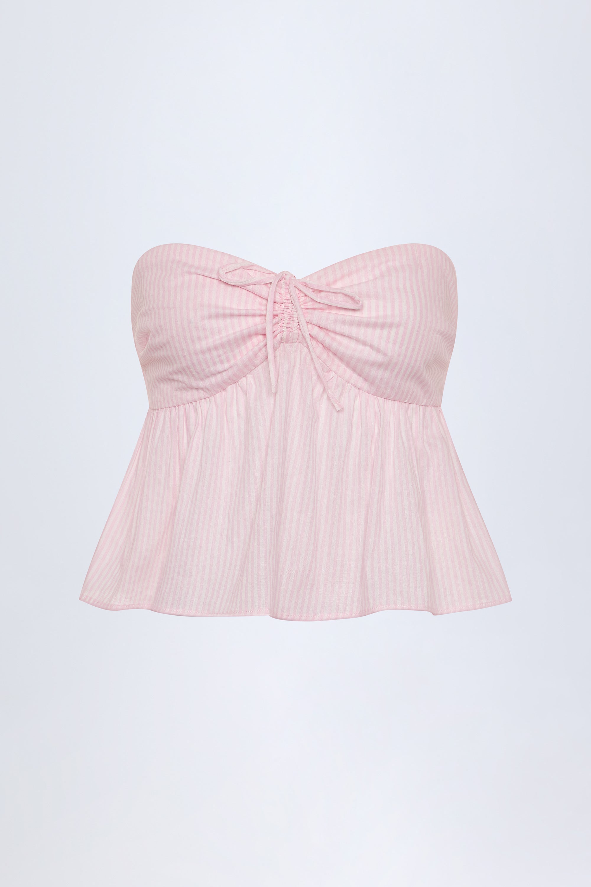 Tie-Front Strapless Cotton-Poplin Crop Top in Pink White Stripe