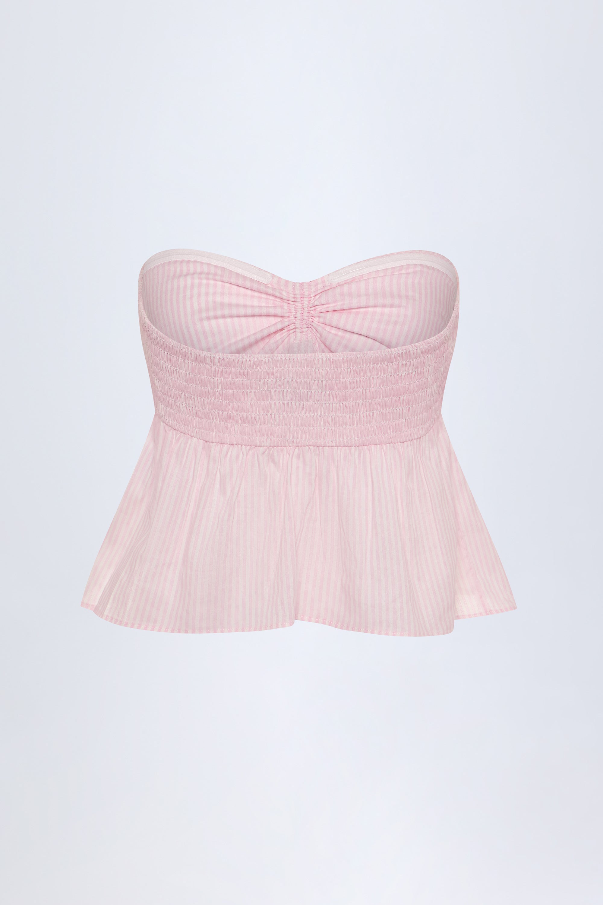 Tie-Front Strapless Cotton-Poplin Crop Top in Pink White Stripe