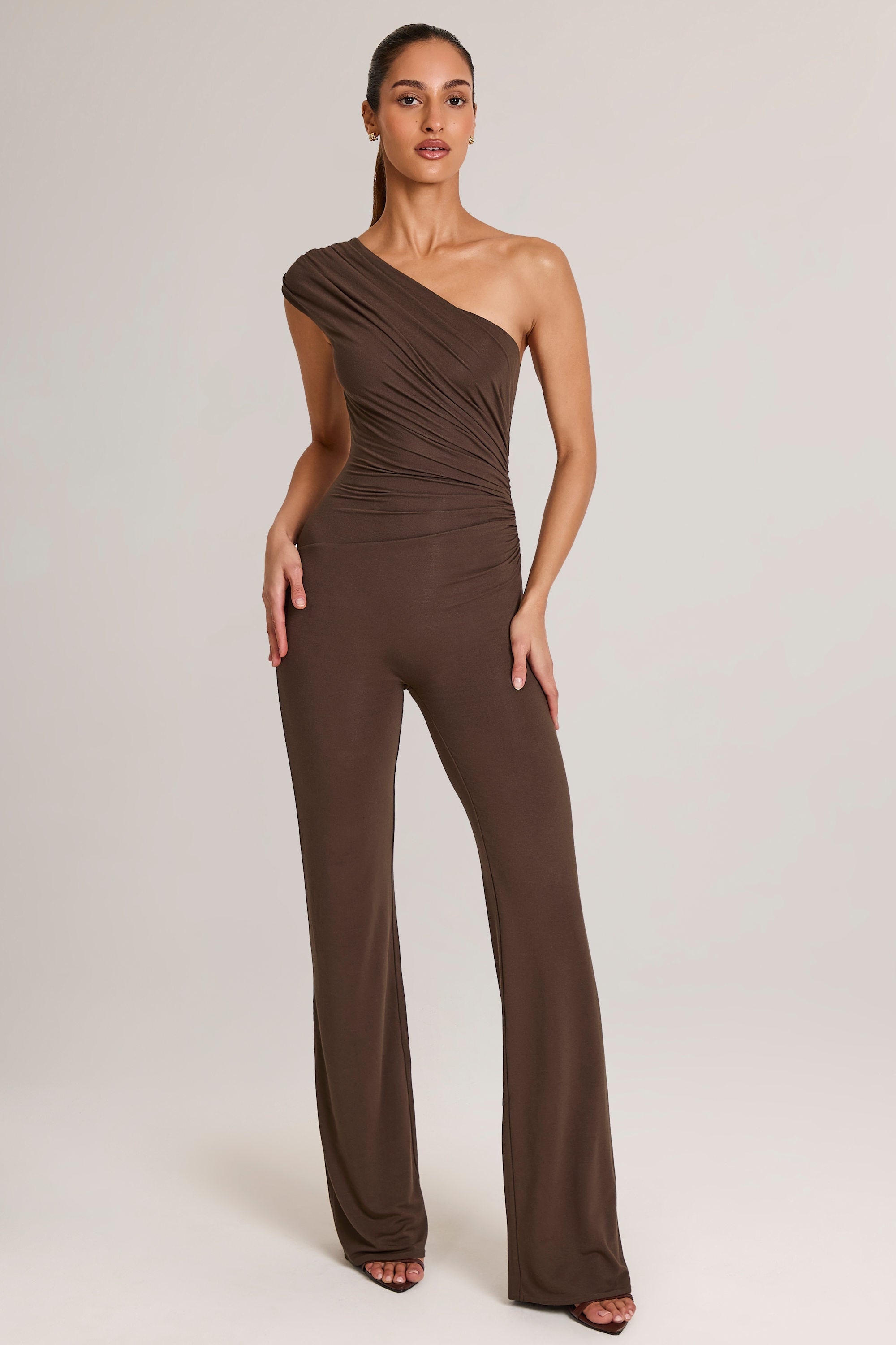 Modal One-Shoulder Jumpsuit in Chocolate Brown