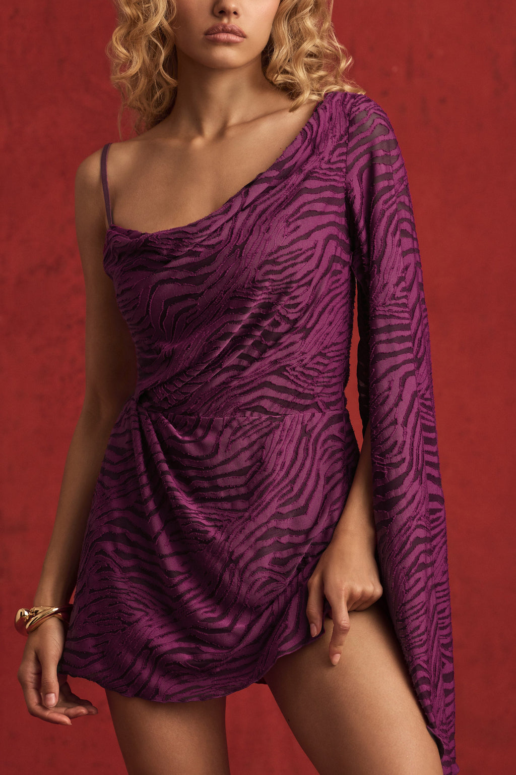 Devoré One-Sleeve A-Line Mini Dress in Berry Purple